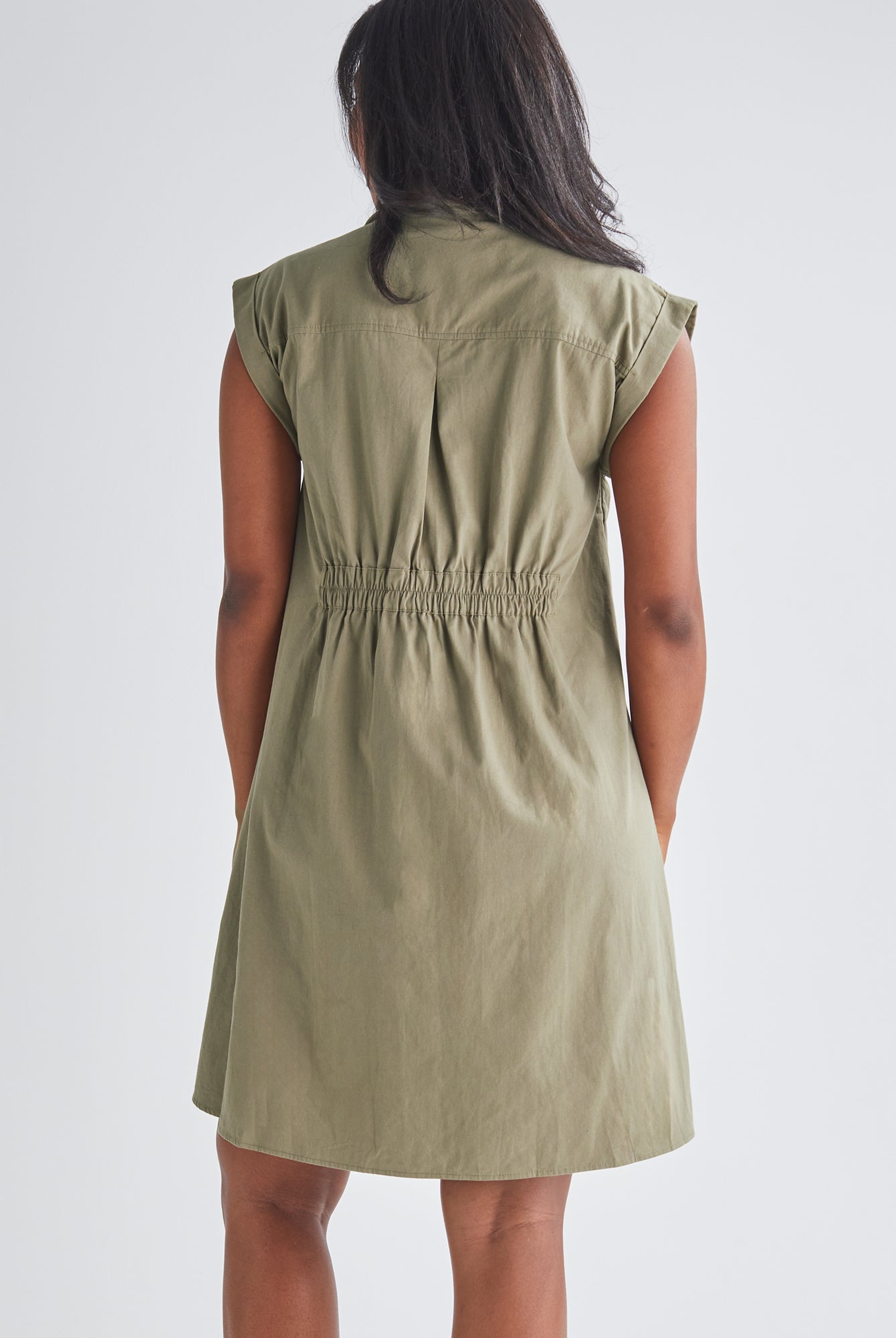 Back View - A Pregnannt Woman Wearing Kaya Maternity Safari Shirt Cotton Dress In Khaki from Angel Maternity.