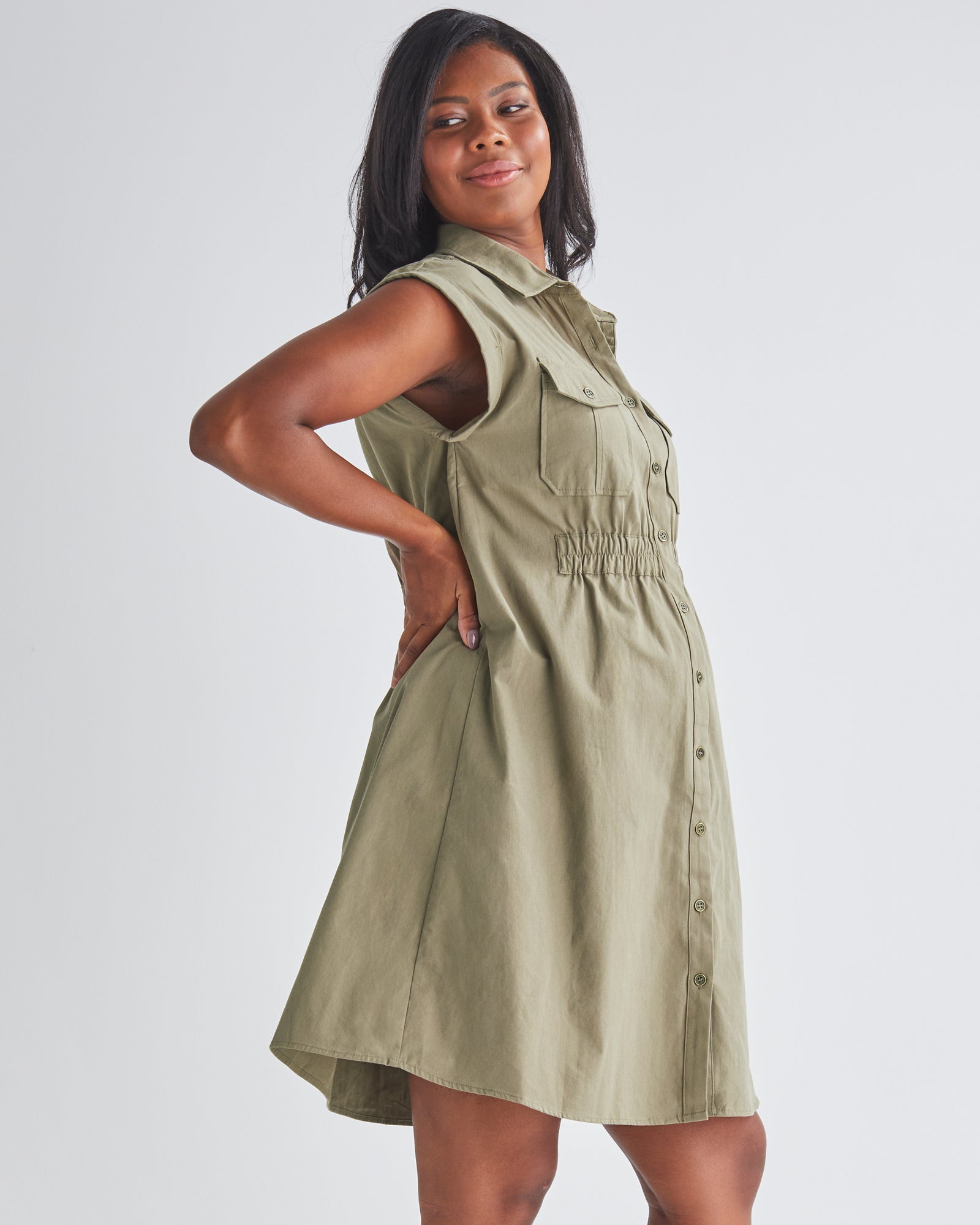 side View - A Pregnannt Woman Wearing Kaya Maternity Safari Shirt Cotton Dress In Khaki from Angel Maternity.