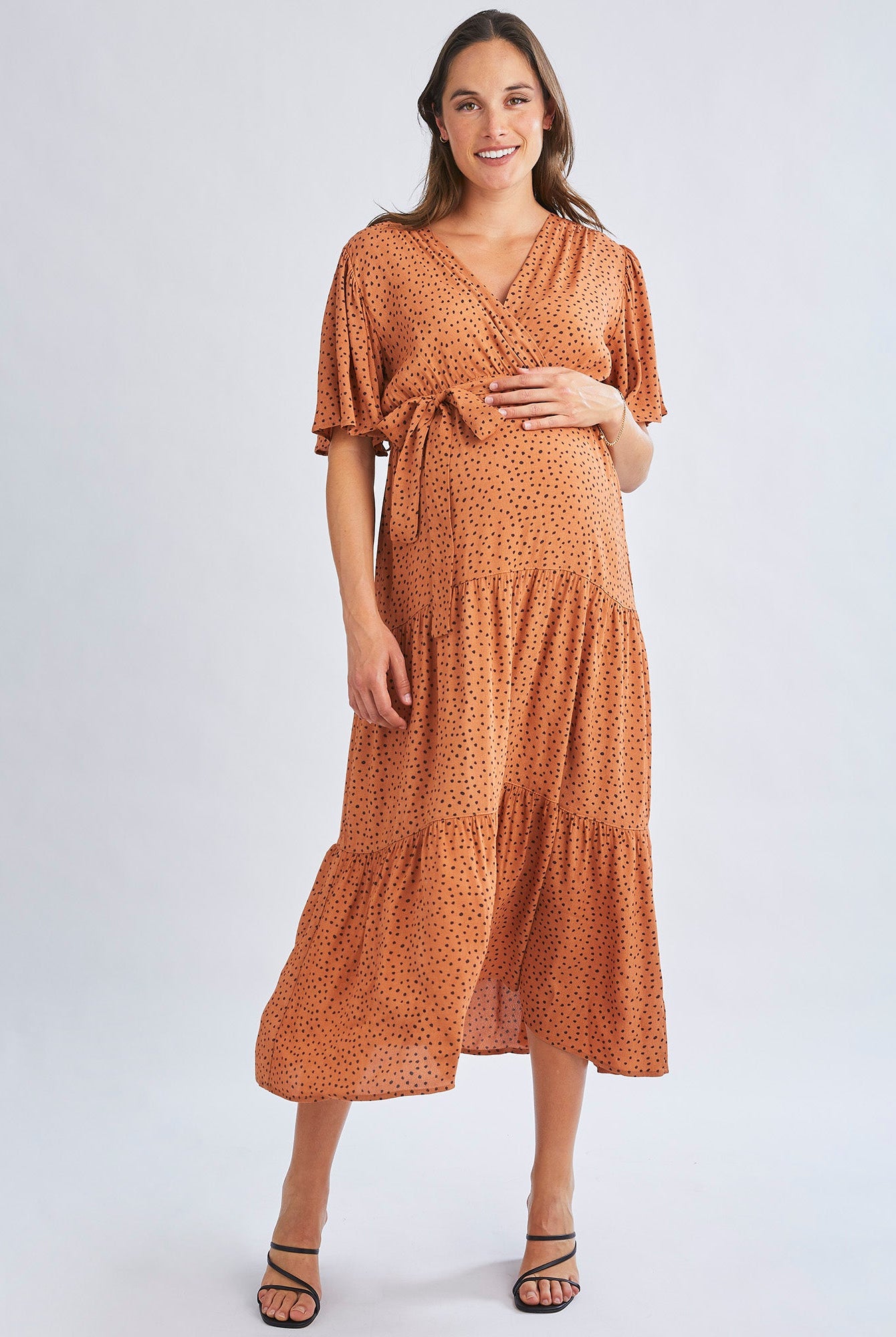maternity dots print layered dusty orange dress