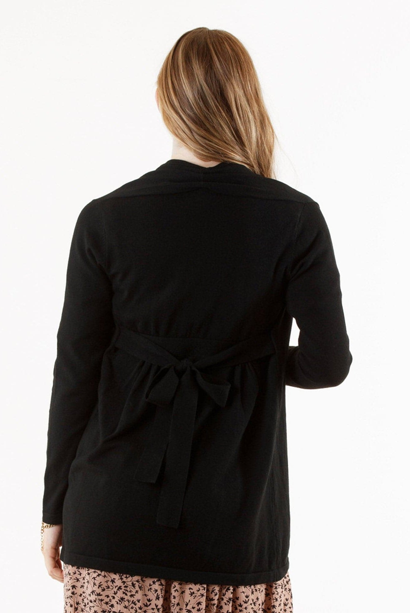 Maternity Roll Collar Knitted Waist Tie Cardigan - Black - Angel Maternity USA