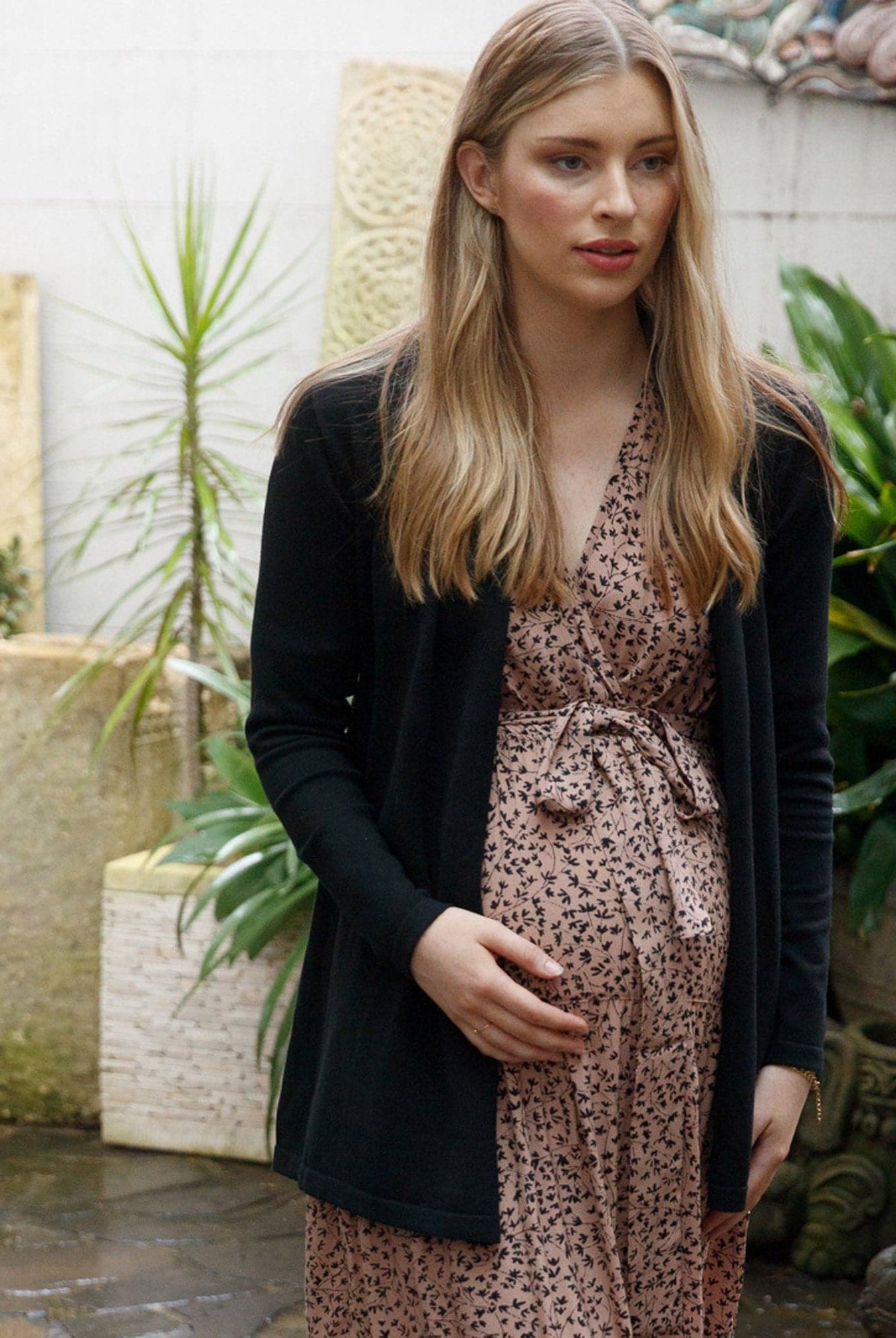 Maternity Roll Collar Knitted Waist Tie Cardigan - Black - Angel Maternity USA