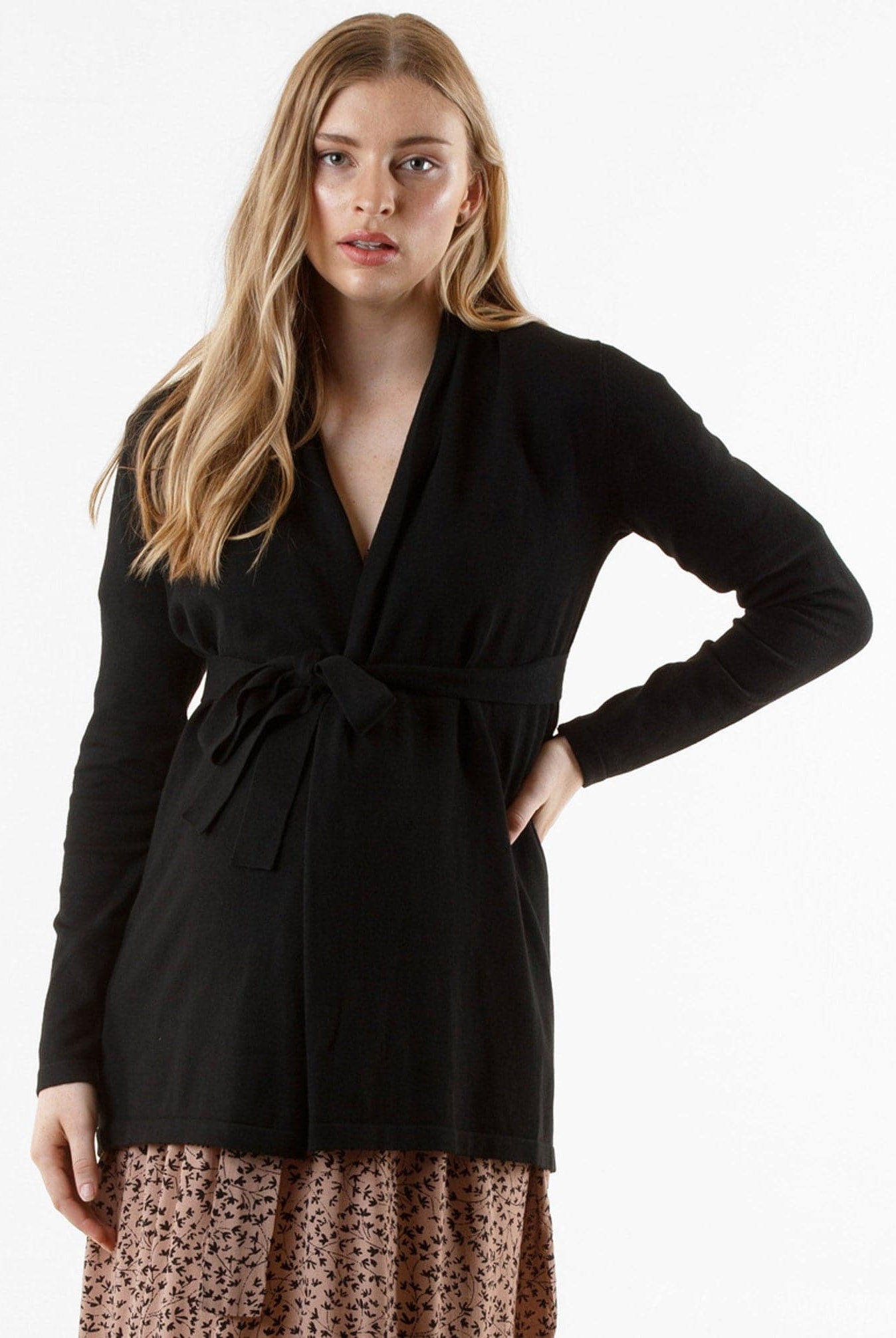 Maternity Roll Collar Knitted Waist Tie Cardigan - Black - Angel Maternity USA