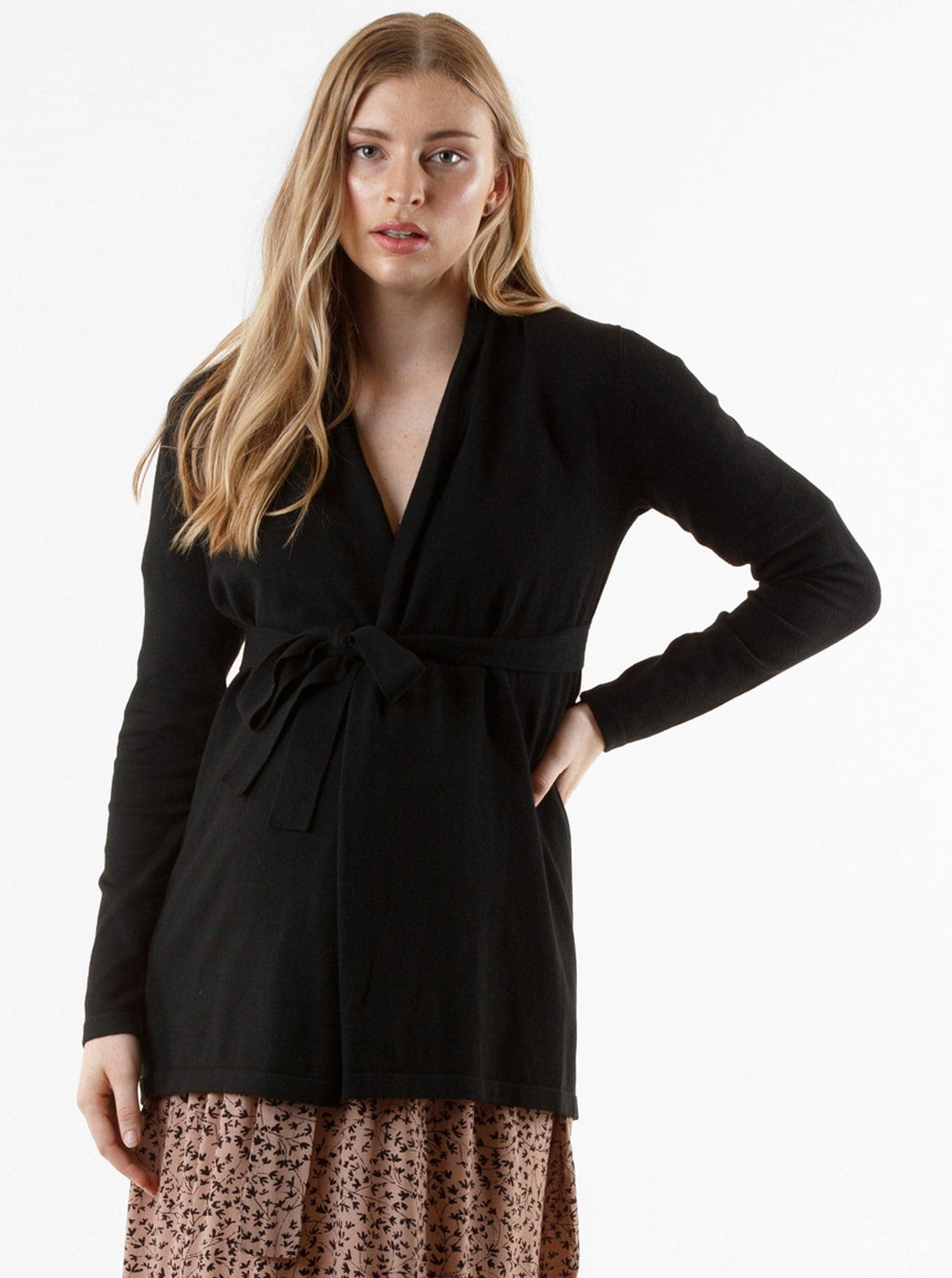 Maternity Roll Collar Knitted Waist Tie Cardigan - Black - Angel Maternity USA