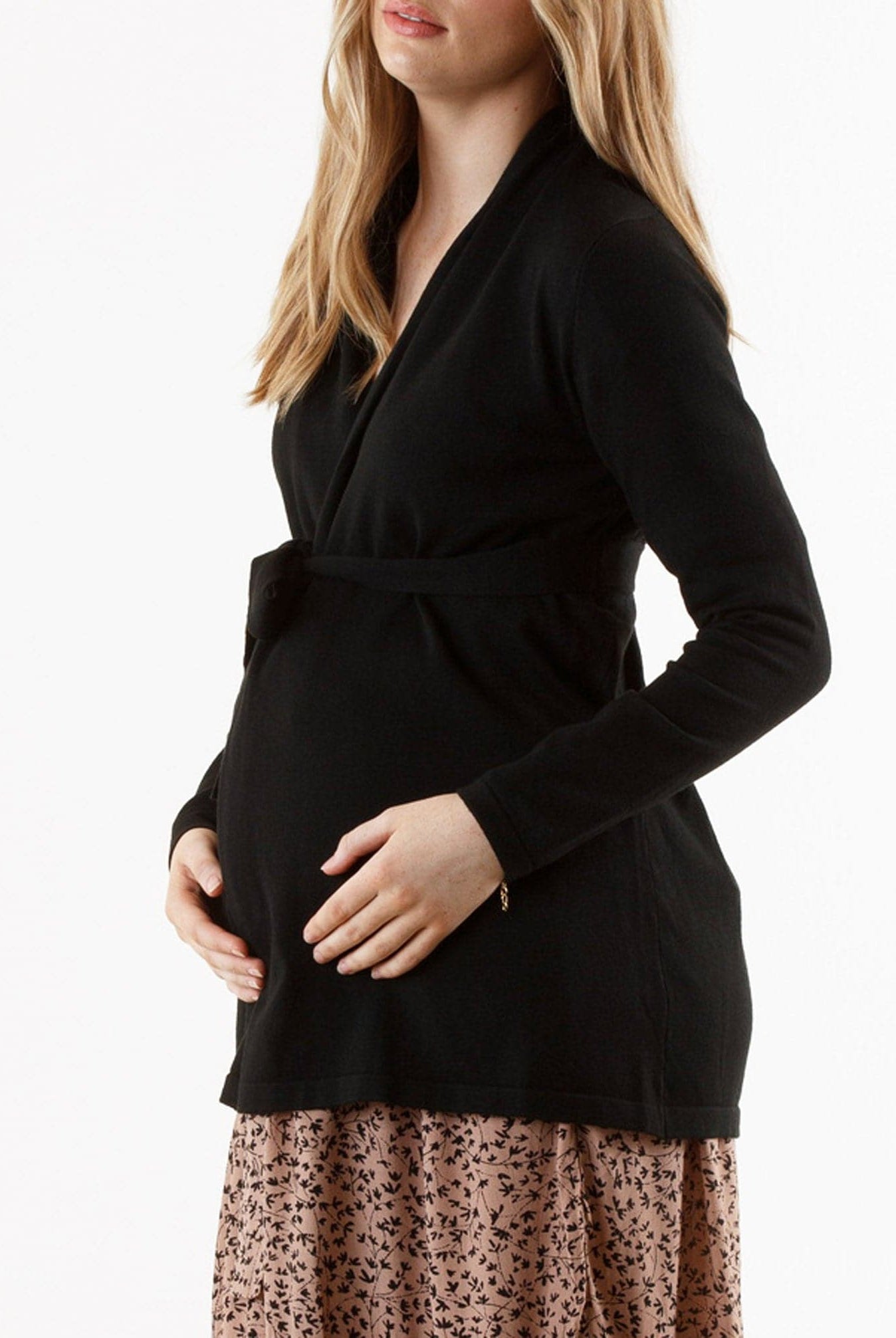 Maternity Roll Collar Knitted Waist Tie Cardigan - Black - Angel Maternity USA