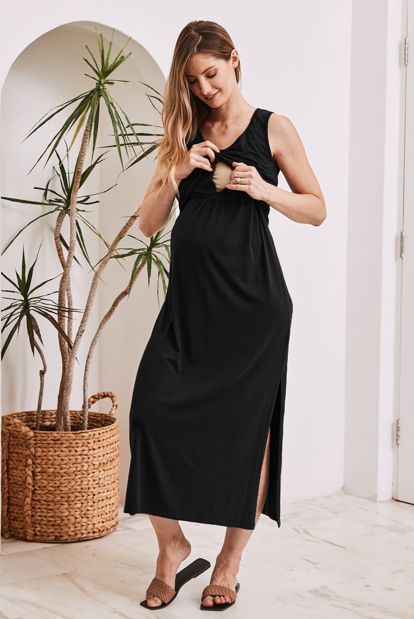 Maternity & Nursing Black Sleeveless Bamboo Maxi Dress - Angel Maternity USA