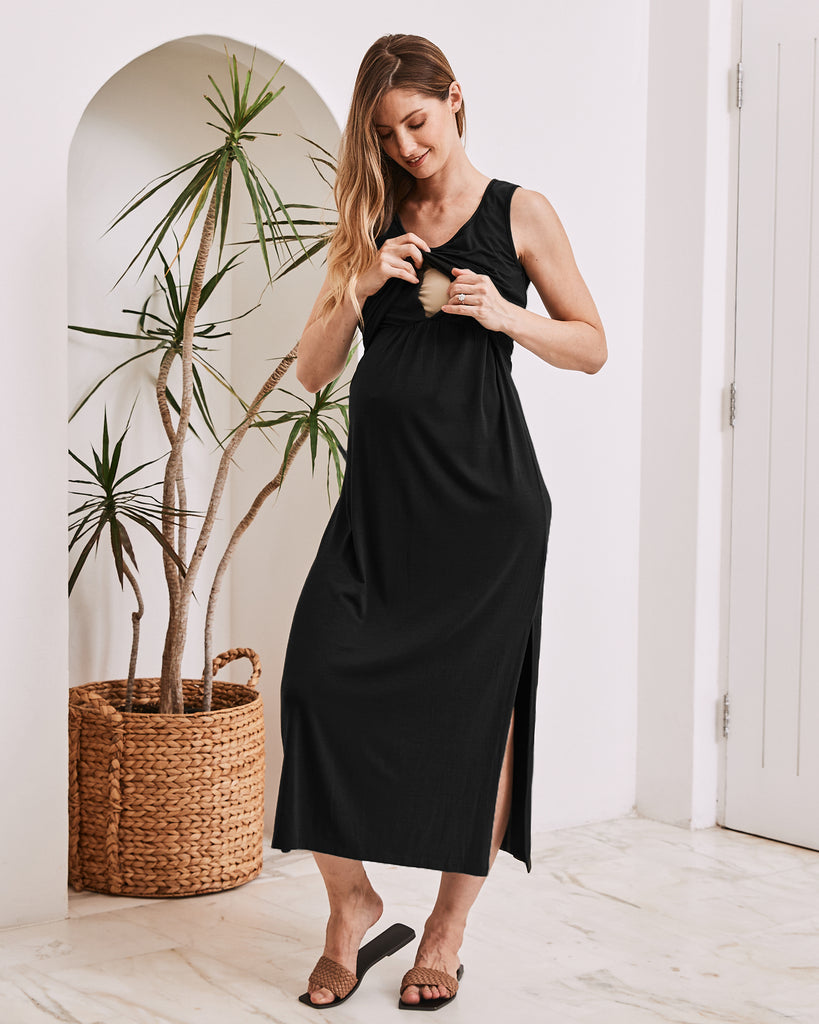 Maternity & Nursing Black  Sleeveless Bamboo Maxi Dress - Angel Maternity USA