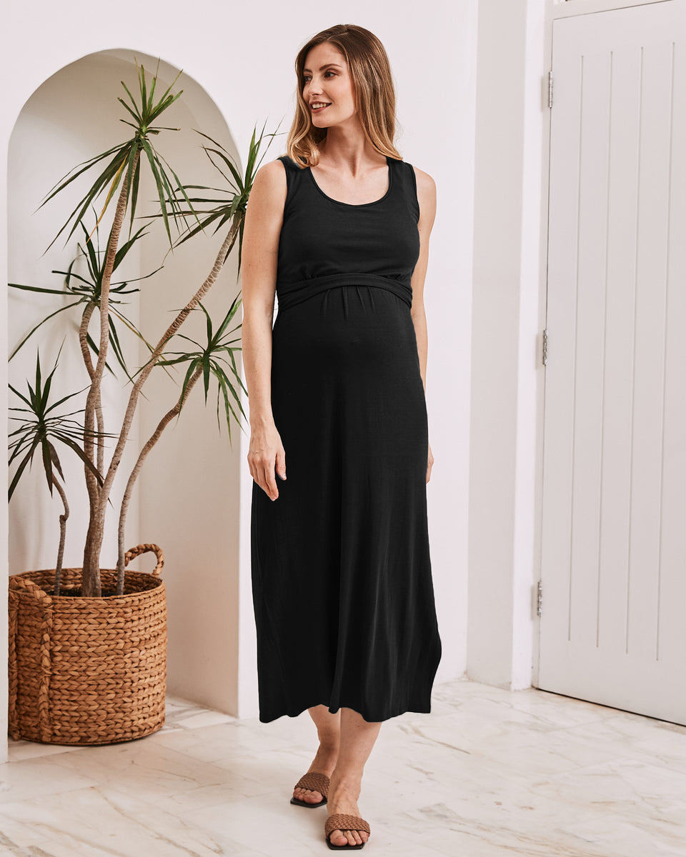 Black Sleeveless Bamboo Maternity & Nursing Maxi Dress – Angel