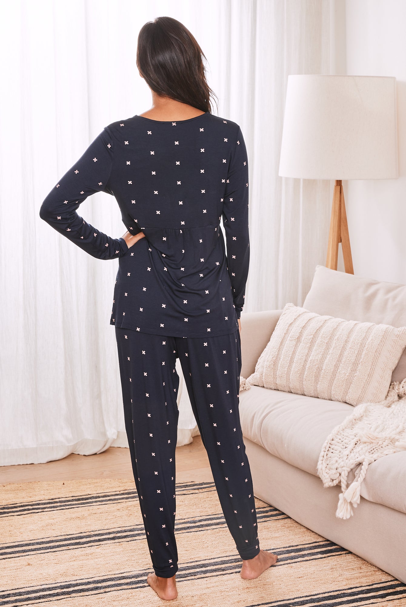 Back view- maternity and nursing pj outfit navy pink cross