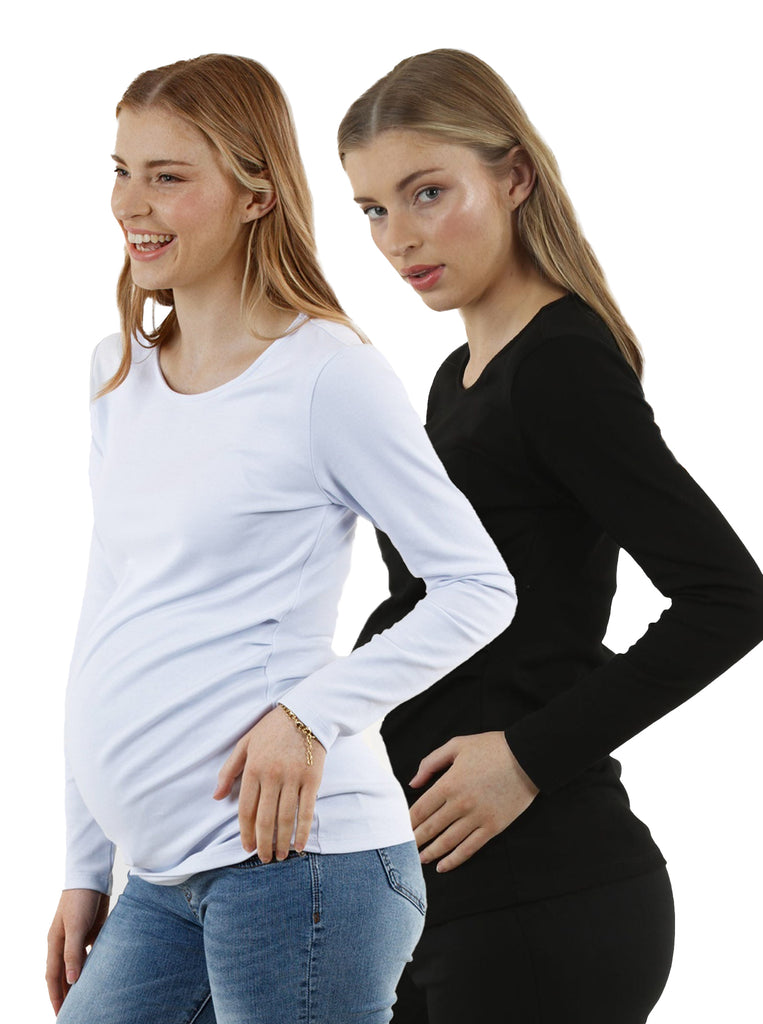 2-pack-Basic Long Sleeve Cotton Maternity Top Black/White - Angel Maternity USA