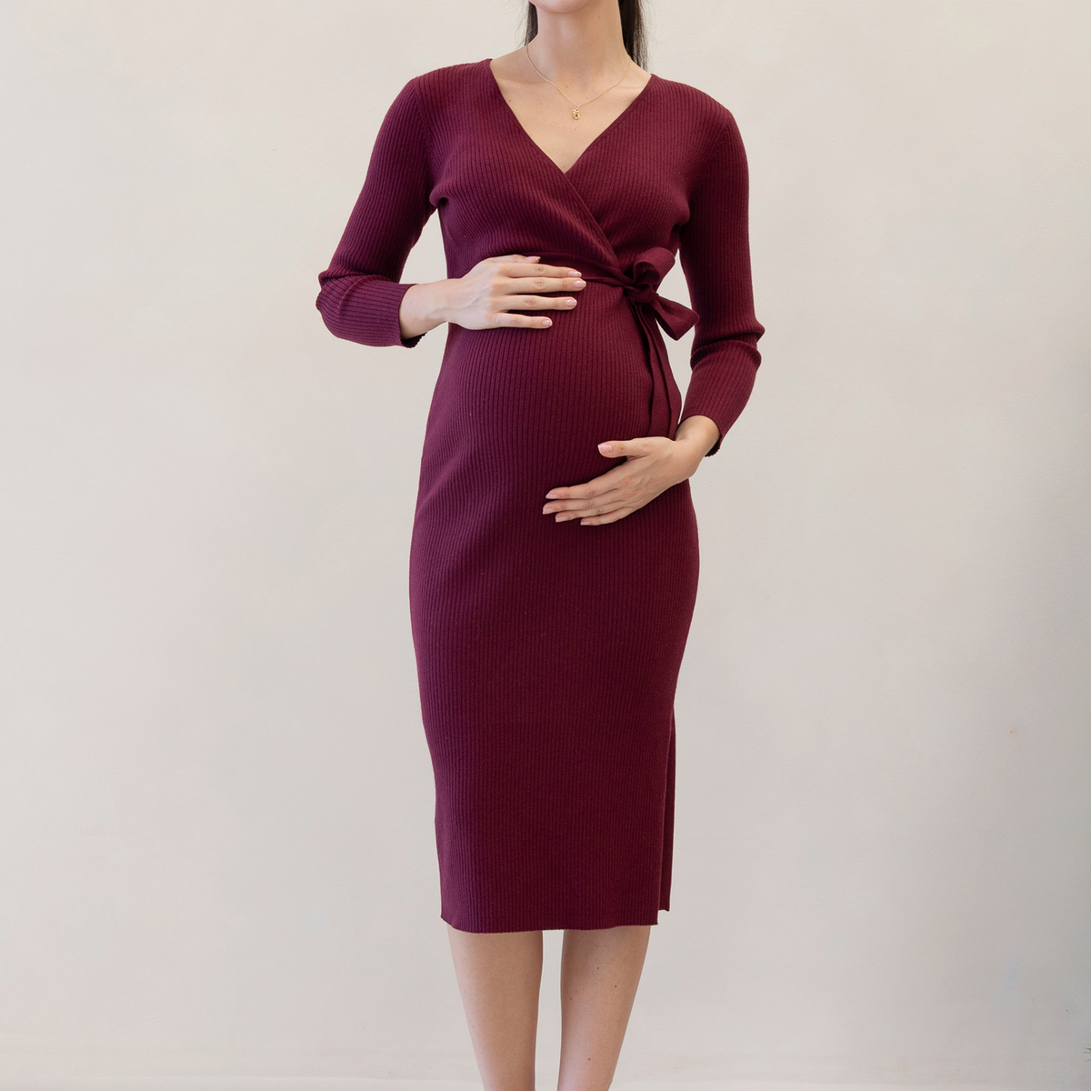 chinese dress ladies Angel Maternity Lucille Knit Maternity Midi Dress in Burgundy