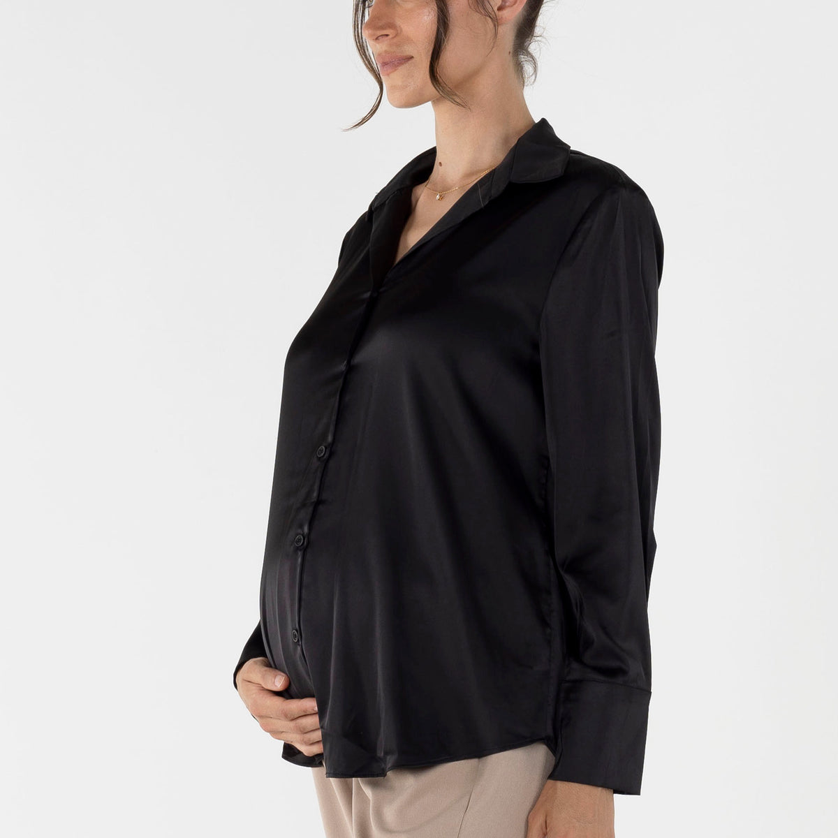 Angel Maternity Taylor Black Maternity/ Nursing Satin Button Down Shirt