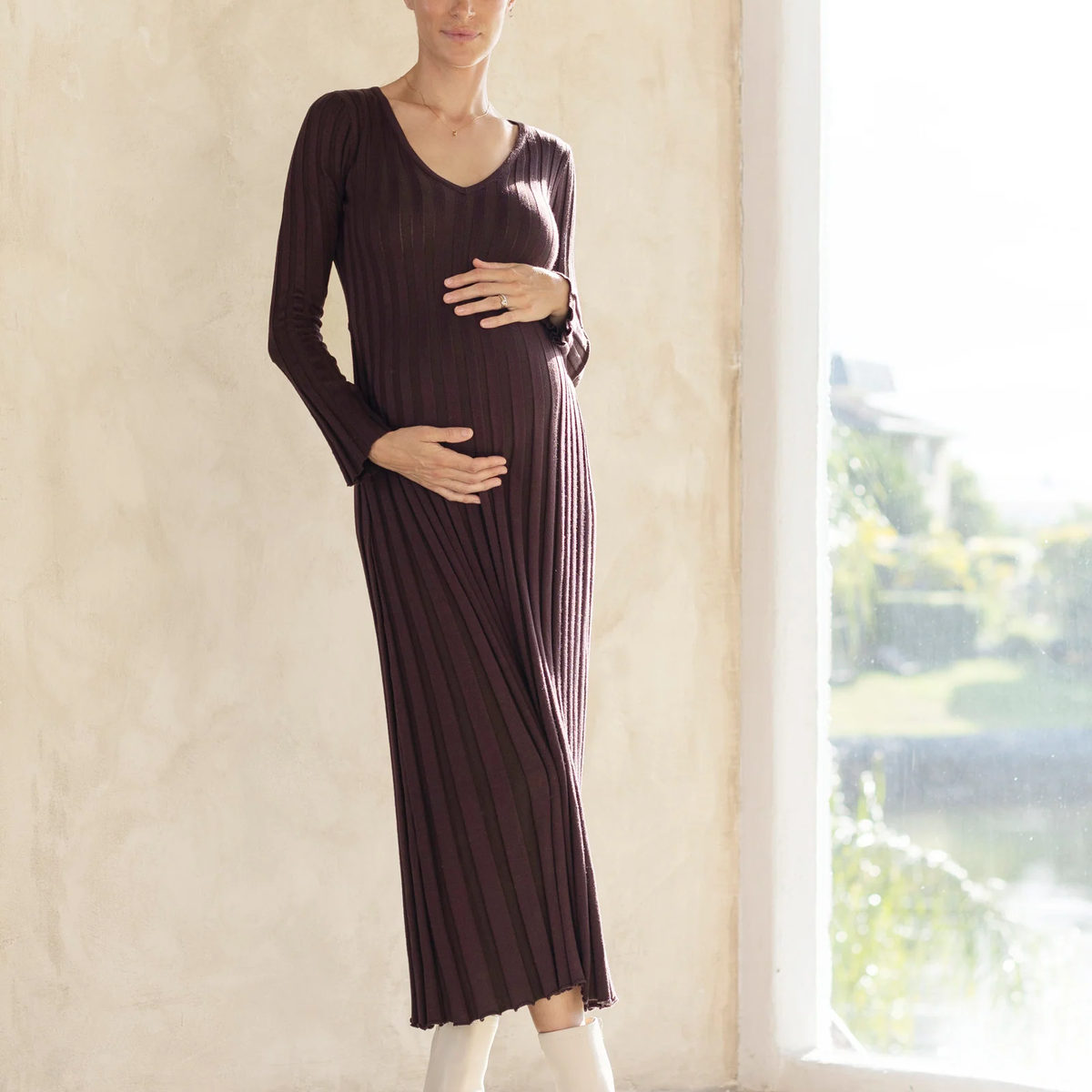 Angel Maternity Victoire Maternity Knit Bodycon Dress in Dark Brown