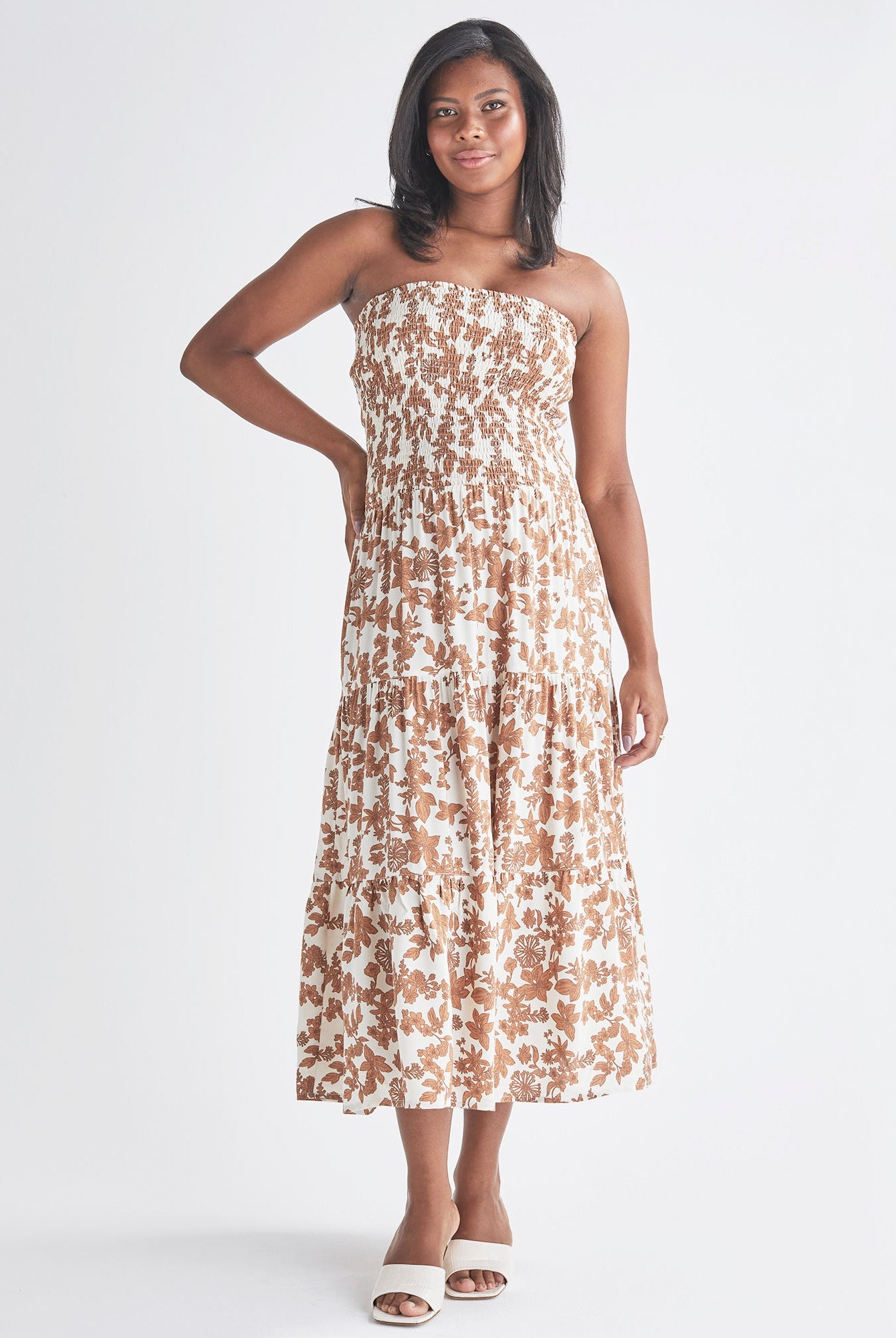 Full View: Long skirt Strapless dress Shirred elastic waist band. Colour: Brown Floral Print from Angel Maternity