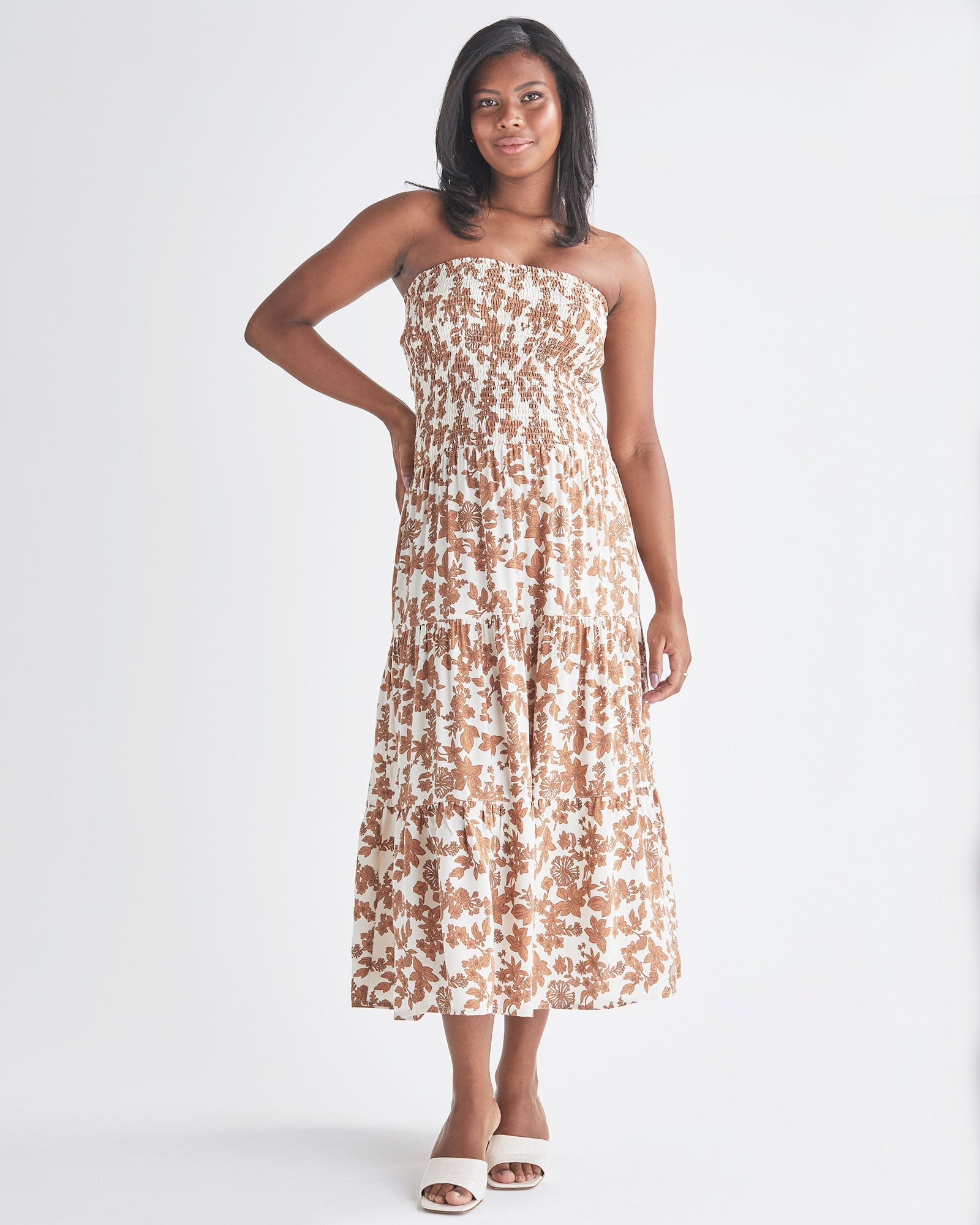 Full View: Long skirt Strapless dress Shirred elastic waist band. Colour: Brown Floral Print from Angel Maternity