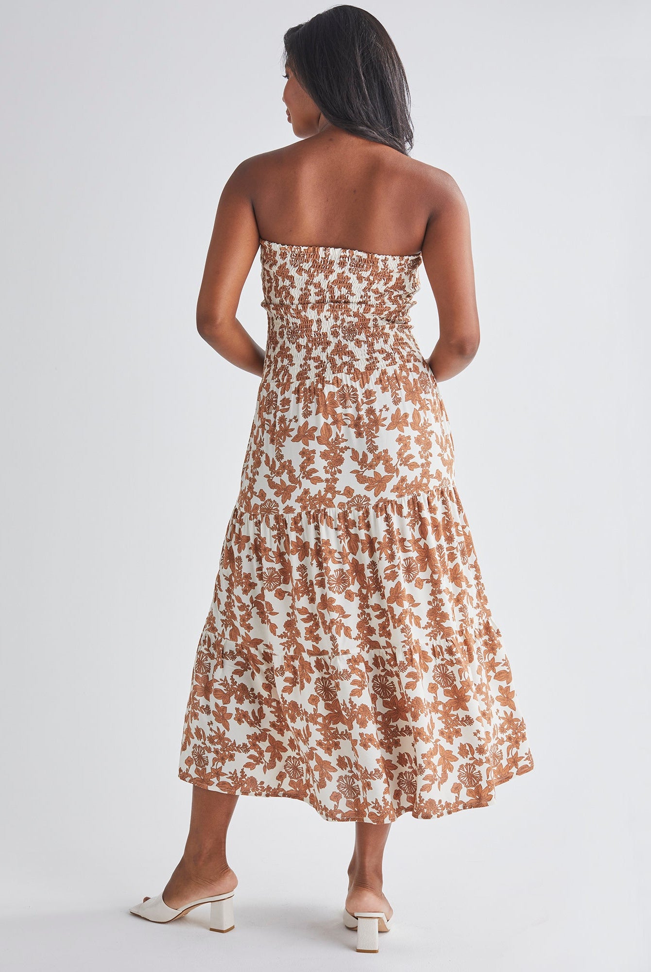 Back View: Long skirt Strapless dress Shirred elastic waist band. Colour: Brown Floral Print from Angel Maternity