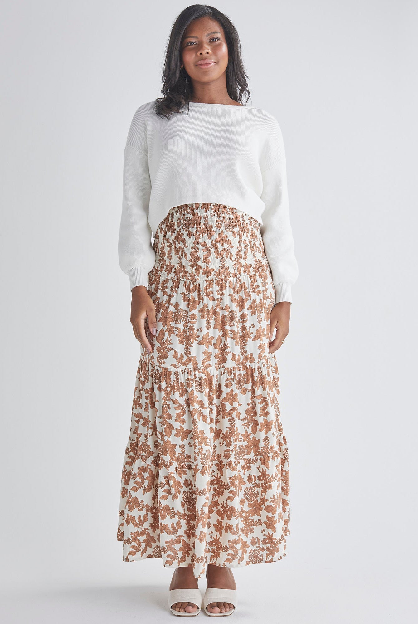 Long skirt Strapless dress Shirred elastic waist band. Colour: Brown Floral Print from Angel Maternity