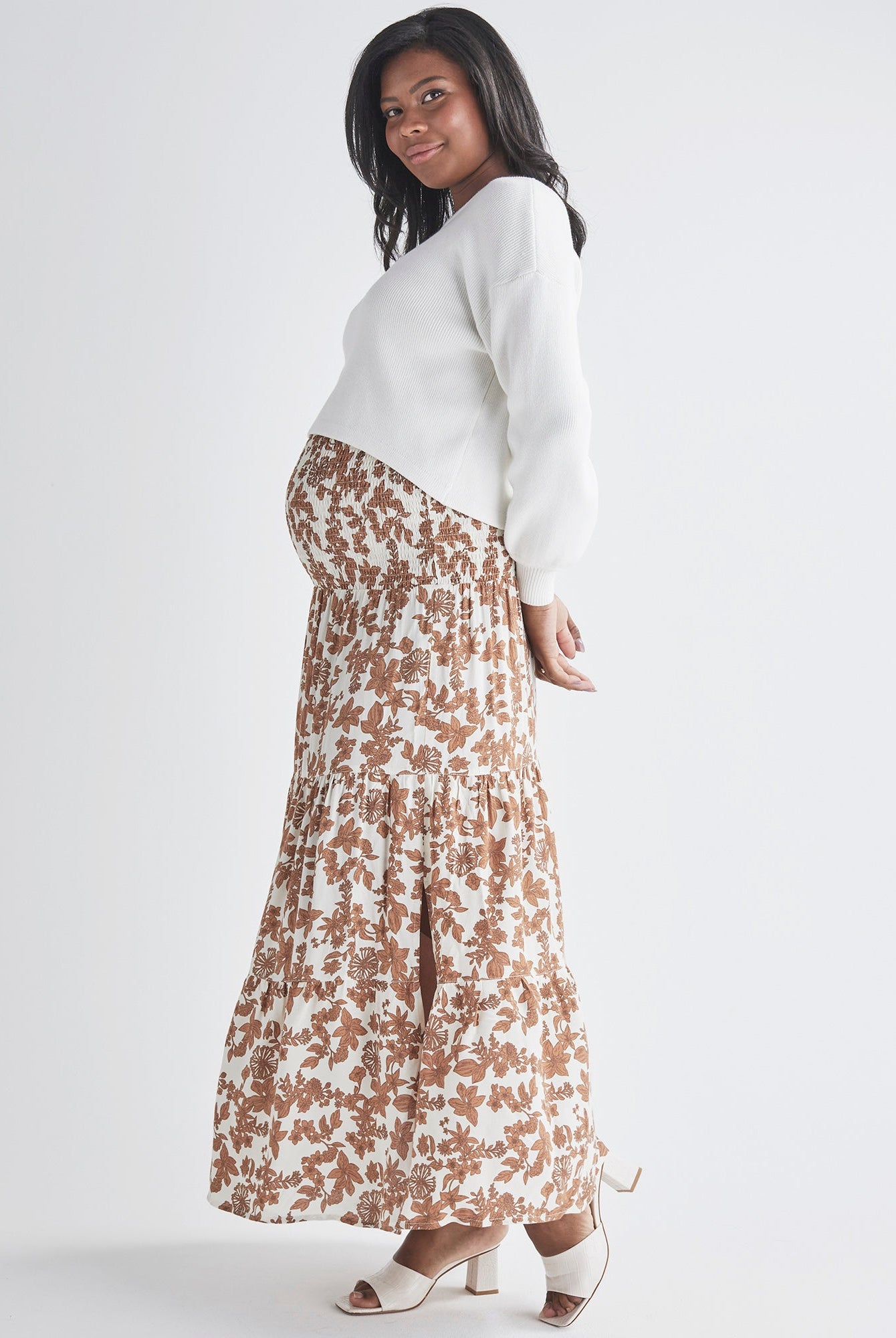 Side View: Long skirt Strapless dress Shirred elastic waist band. Colour: Brown Floral Print from Angel Maternity