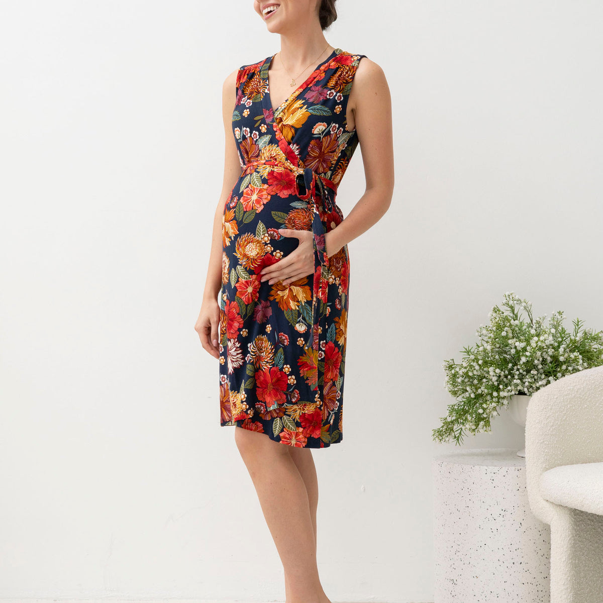 Angel Maternity Sleeveless Red Floral Print Maternity Wrap Dress