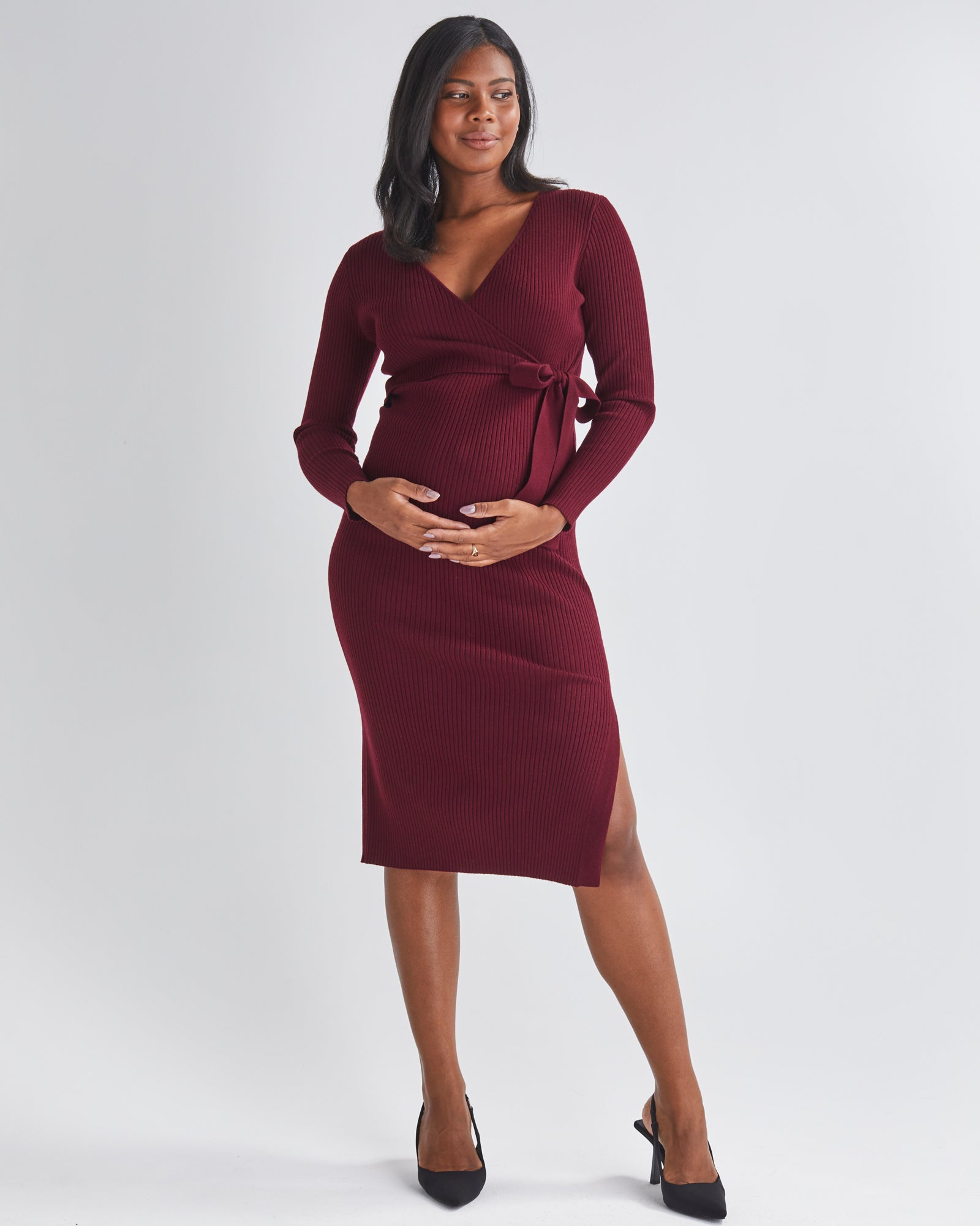 knitted tie front maternity winter dress