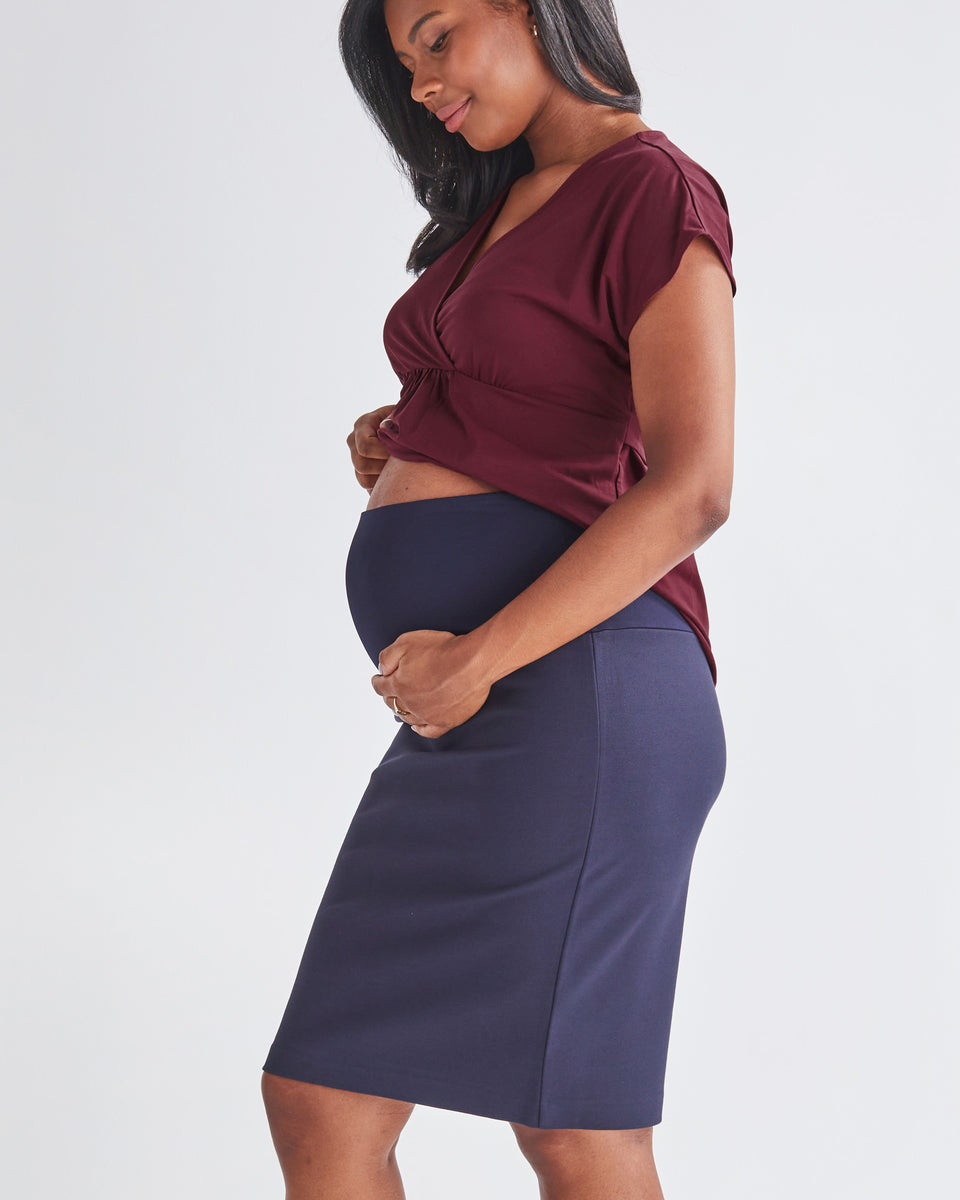 Straight Cut Ponte Pencil Navy Maternity Skirt for Work Angel Maternity USA