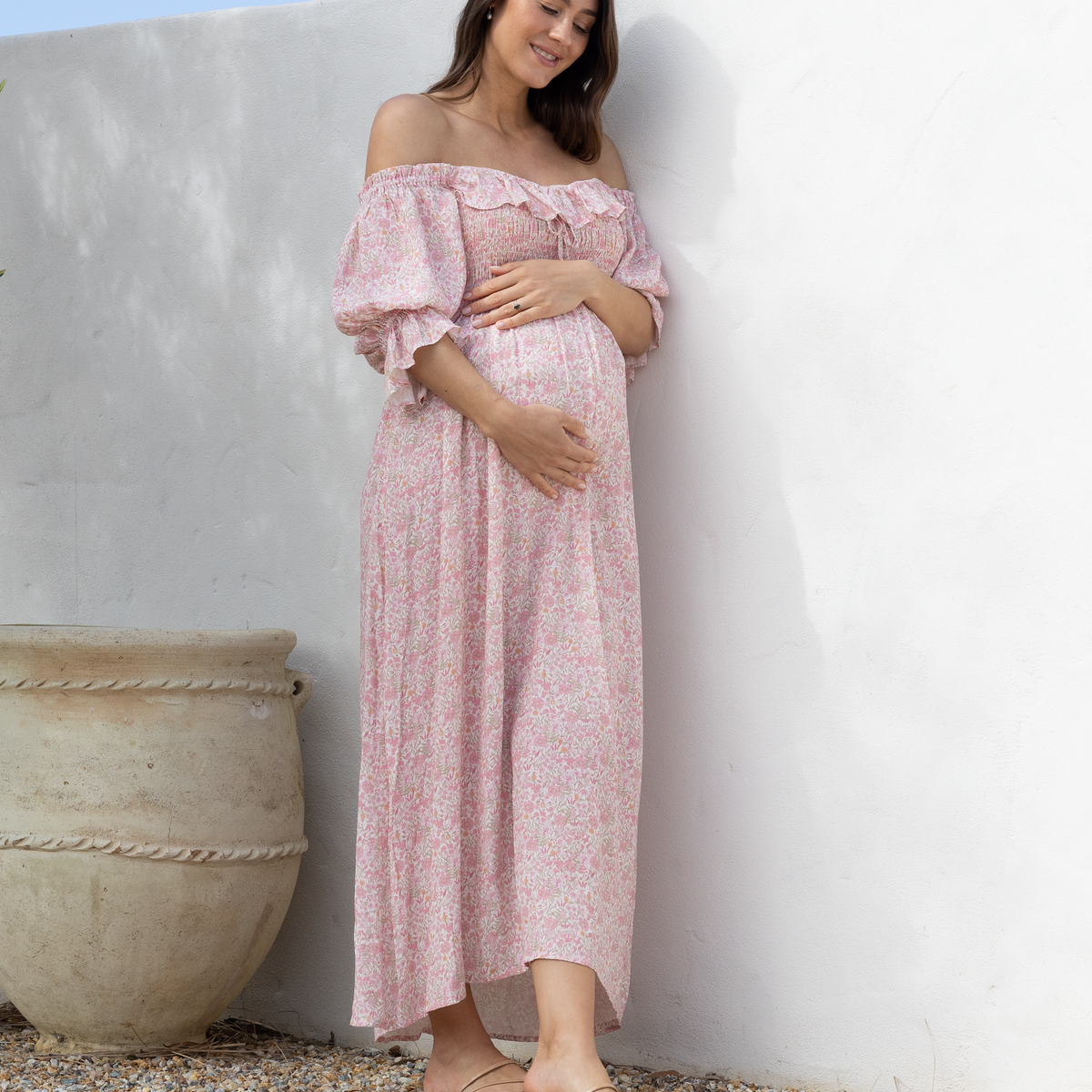 baby shower dress for mom Amber Maternity in Pink Floral L Dopamine Dressing Outfit Ideas bestof gender reveal Size:28 Inch