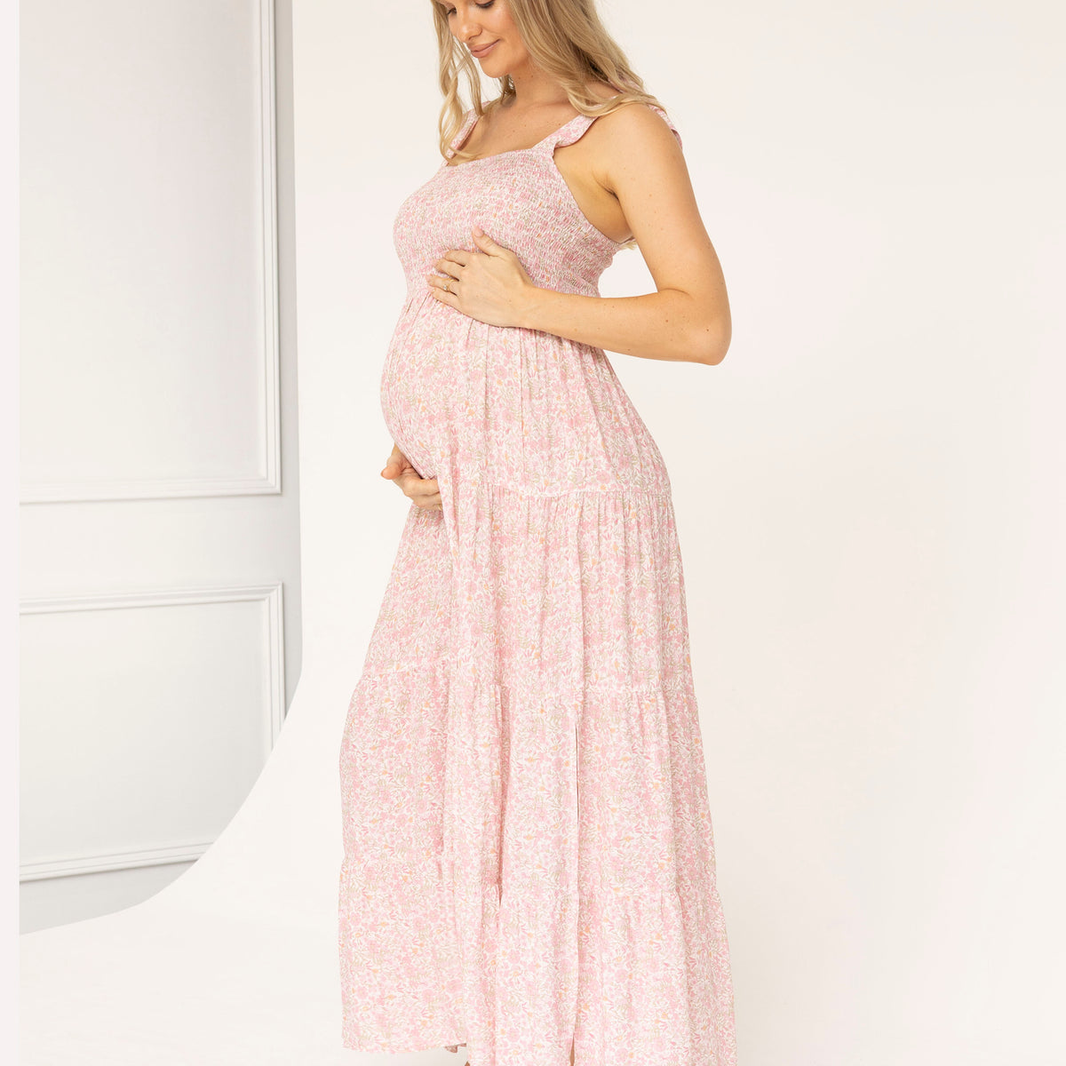pink maternity dresses formal Faeriesty Elegant Off-Shoulder Maternity Gown With Lantern Sleeves & Flowing Tulle A-Line Skirt For Bridal Showers, Formal Dinners, Weddings Pink
