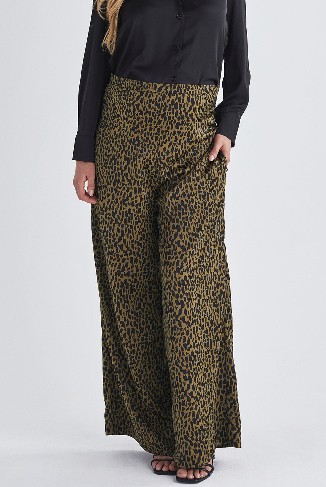 Side view-Lightweight and flowy Wide leg Shirred waistband at back to accomodate growing bumps from Angel Maternity