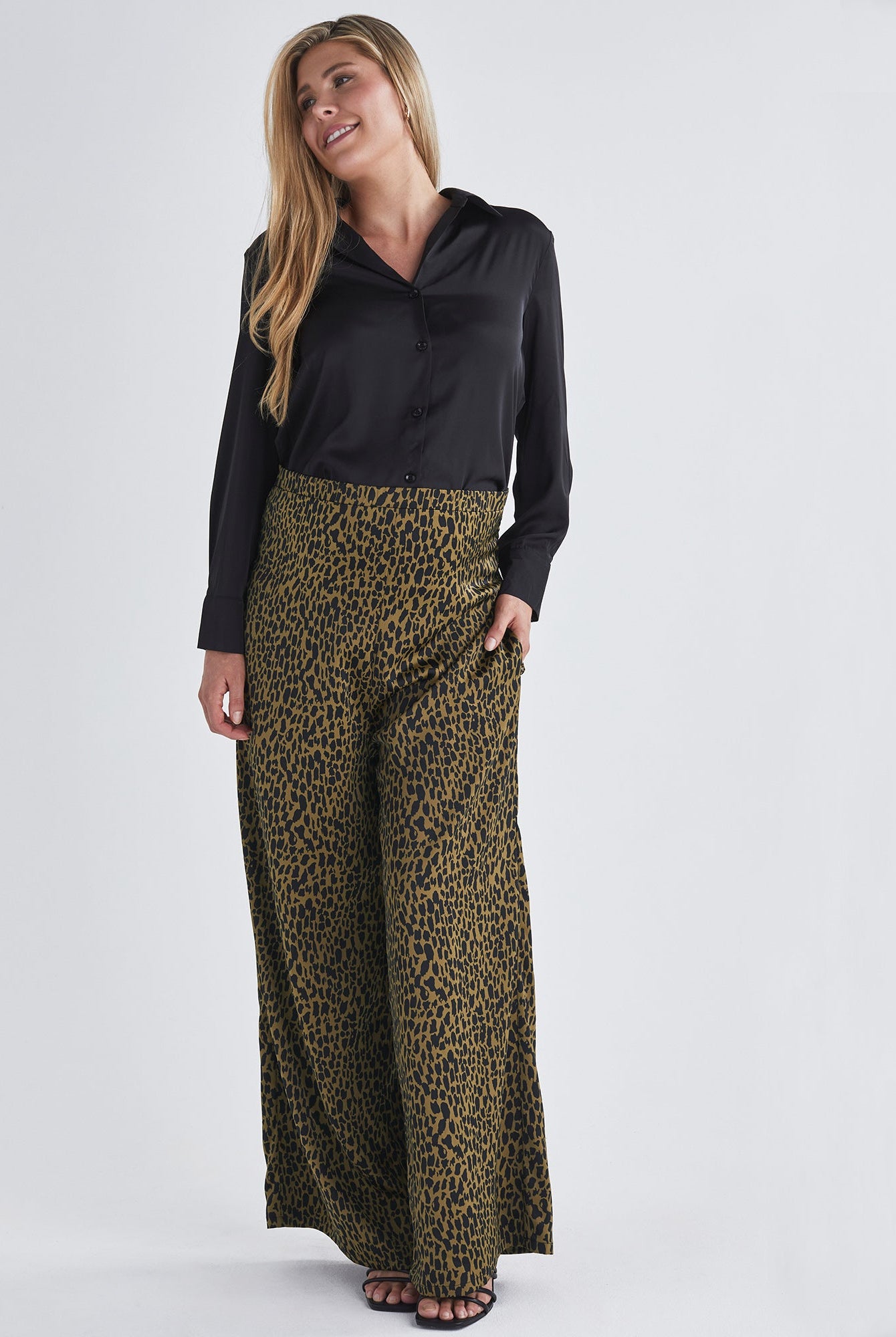 Main view-Lightweight and flowy Wide leg Shirred waistband at back to accomodate growing bumps from Angel Maternity