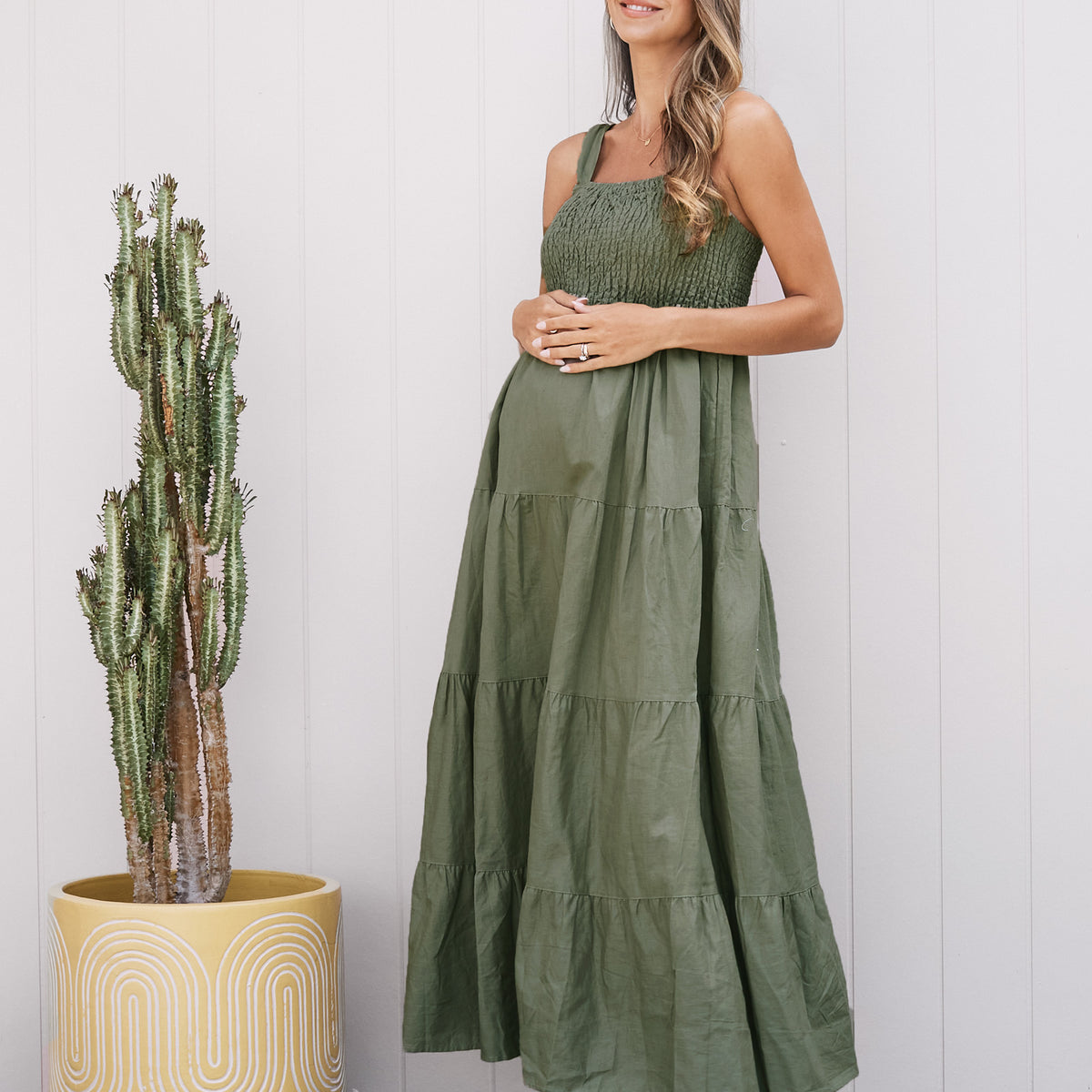 open lace back dress Angel Maternity Lilliana Flowy Maternity Maxi Linen Dress in Olive