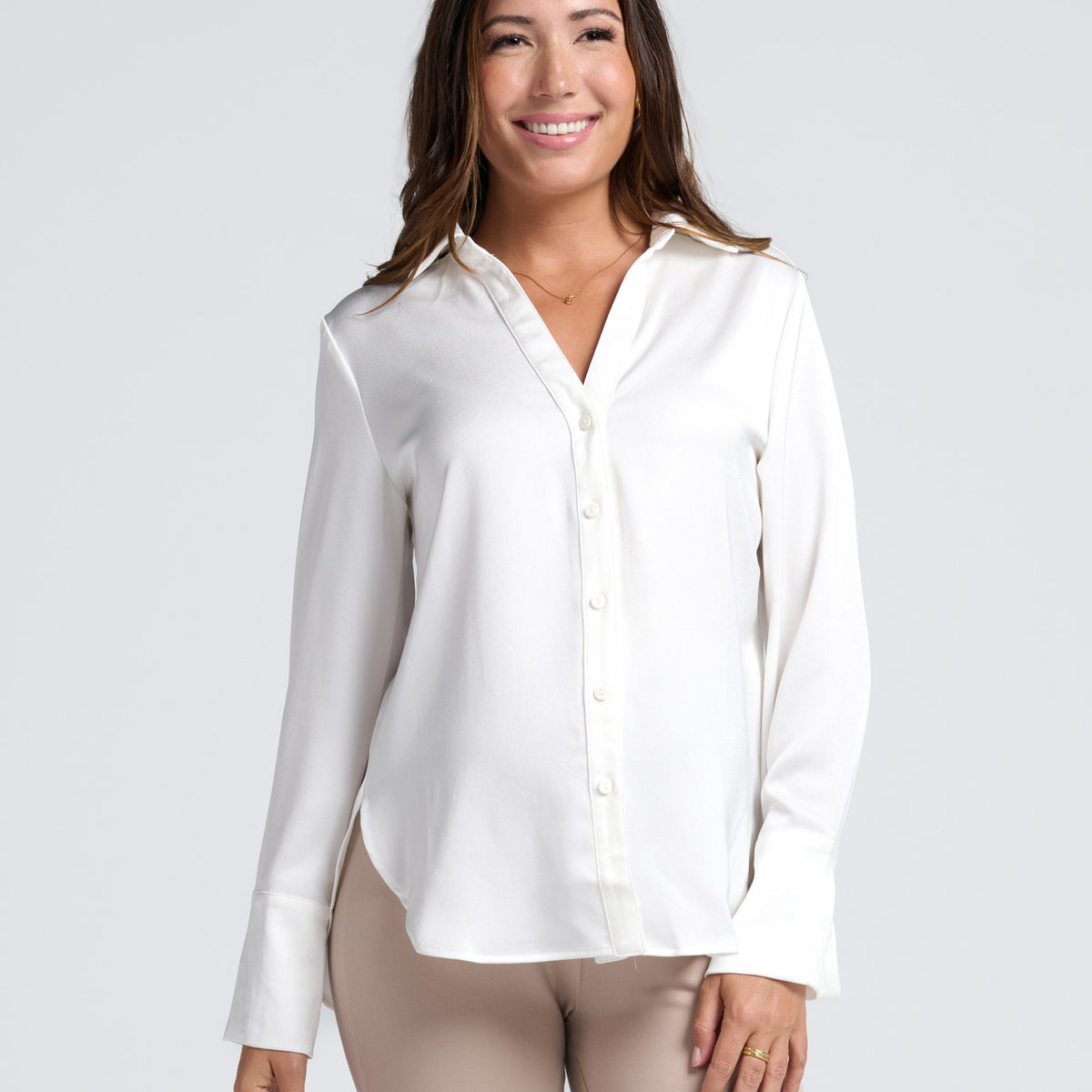 Angel Maternity Amelia Elegant Satin-Finish White Maternity Work Shirt