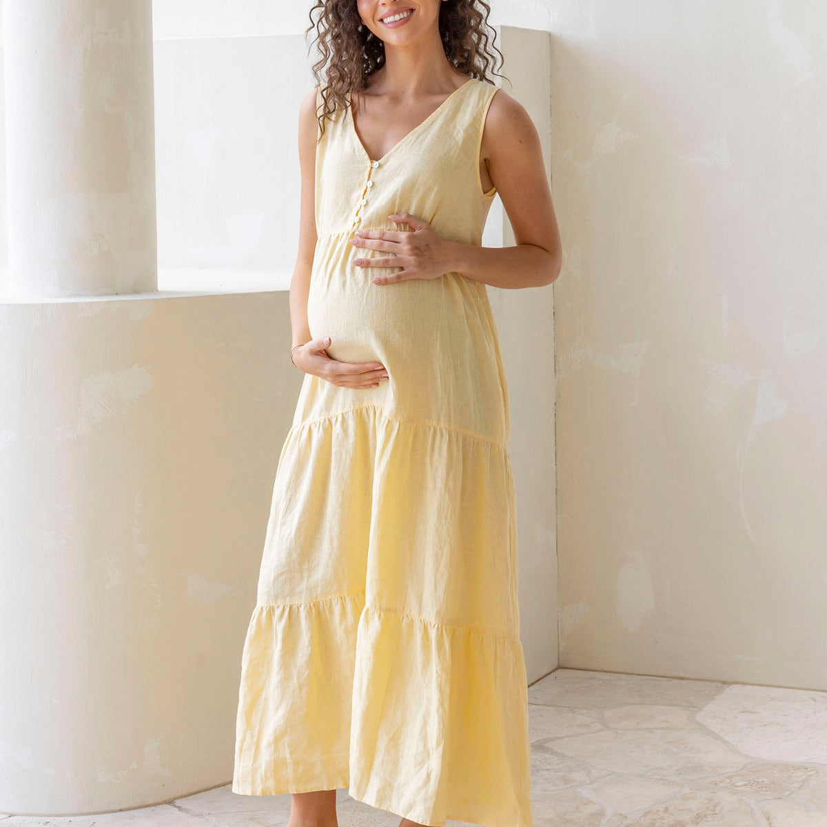 light yellow maternity dress Claire Mini 0) / S (2 Kiara Linen Maternity Maxi Dress