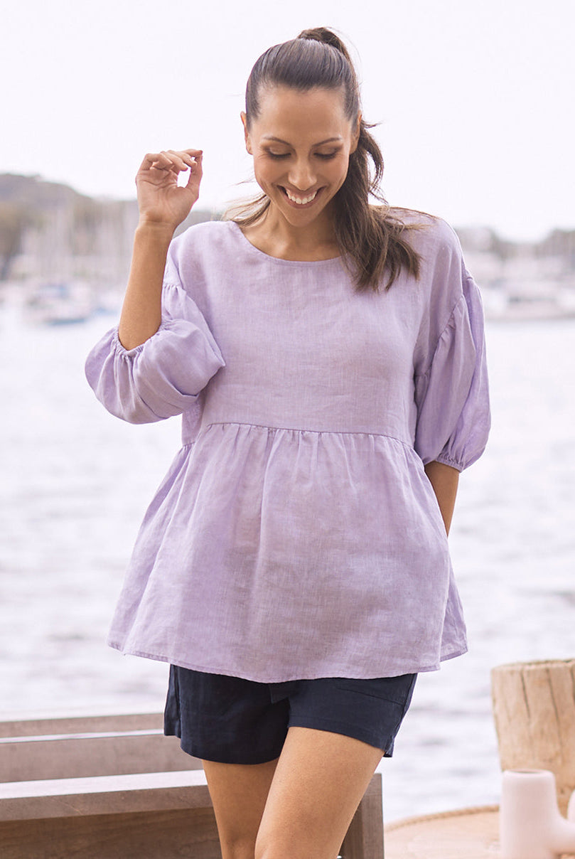 Mai View - A Young Pregnant Woman in Lavender Maternity Linen Blouse Top