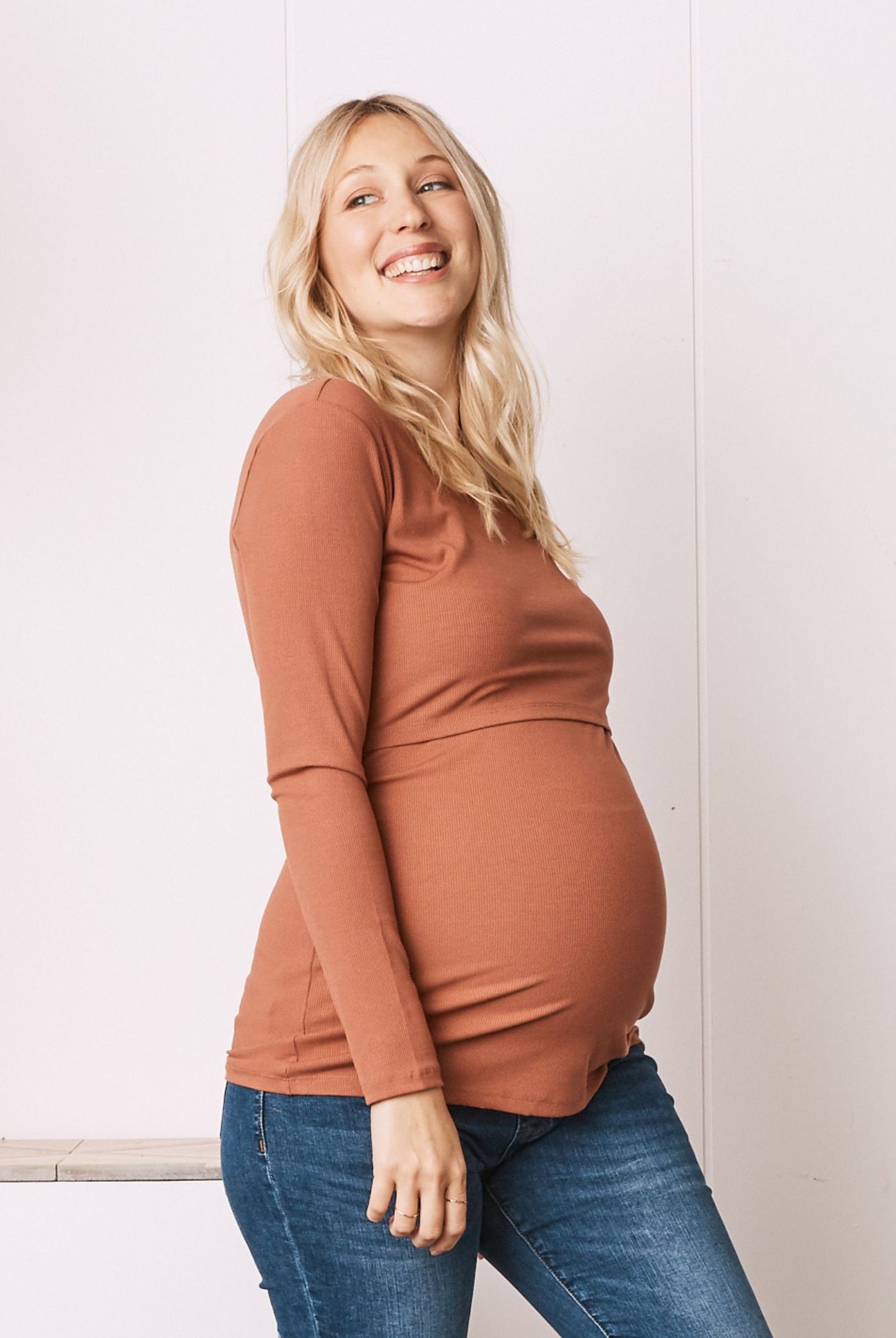 Maternity & Nursing Long Sleeve Top in Brown Pink (6618561151070)