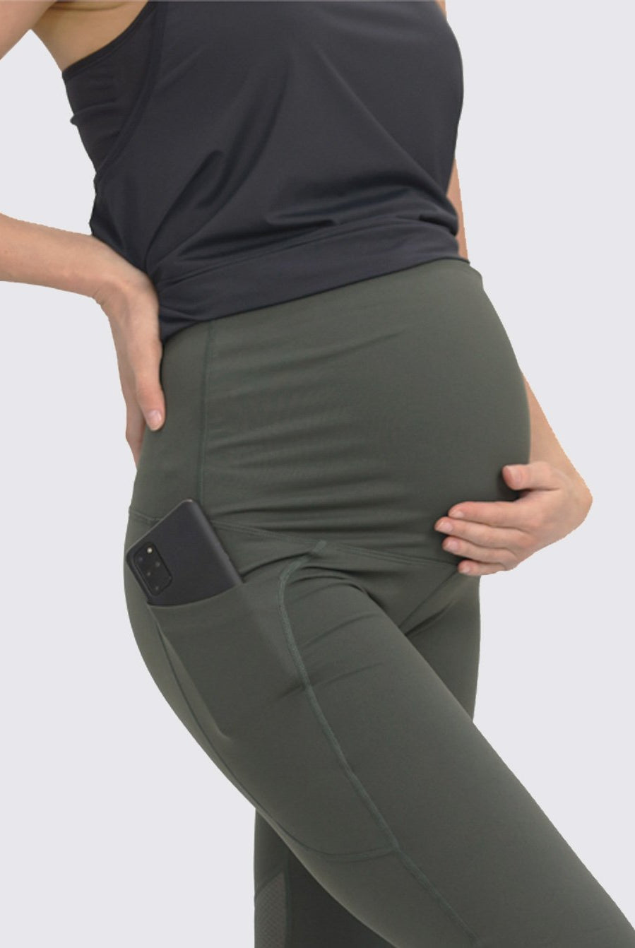 Close view - Maternity Workout 3/4 Length Legging - Khaki Green (6640783818846)