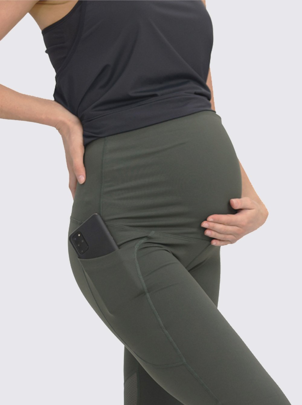 Close view - Maternity Workout 3/4 Length Legging - Khaki Green (6640783818846)