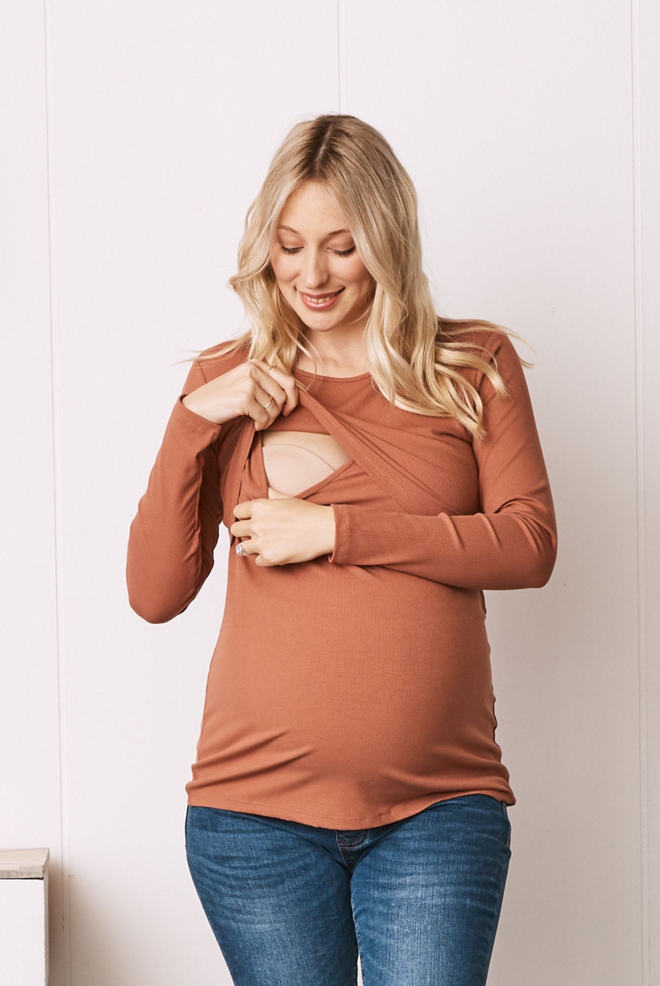 Maternity & Nursing Long Sleeve Top in Brown Pink (6618561151070)