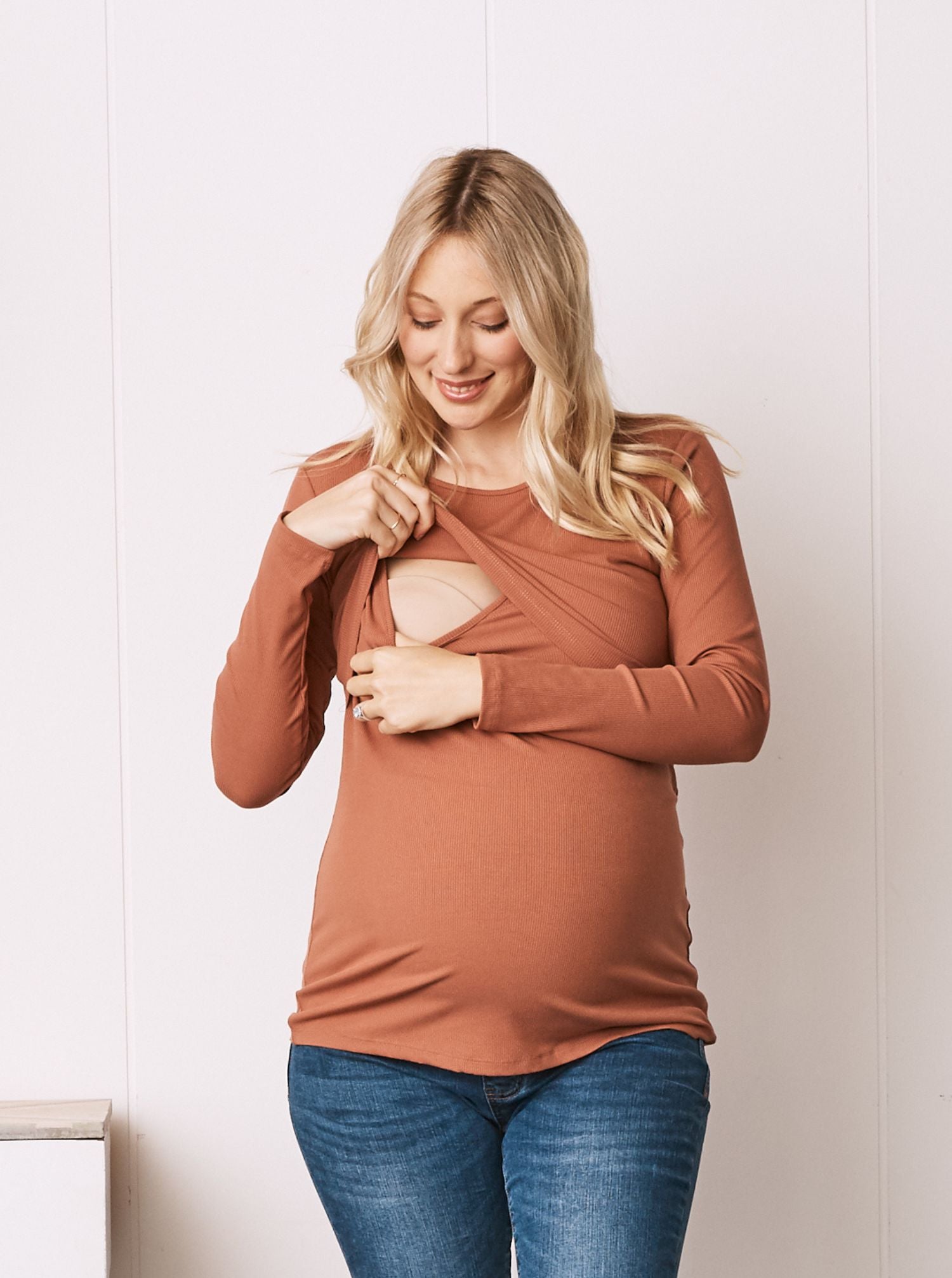 Maternity & Nursing Long Sleeve Top in Brown Pink (6618561151070)