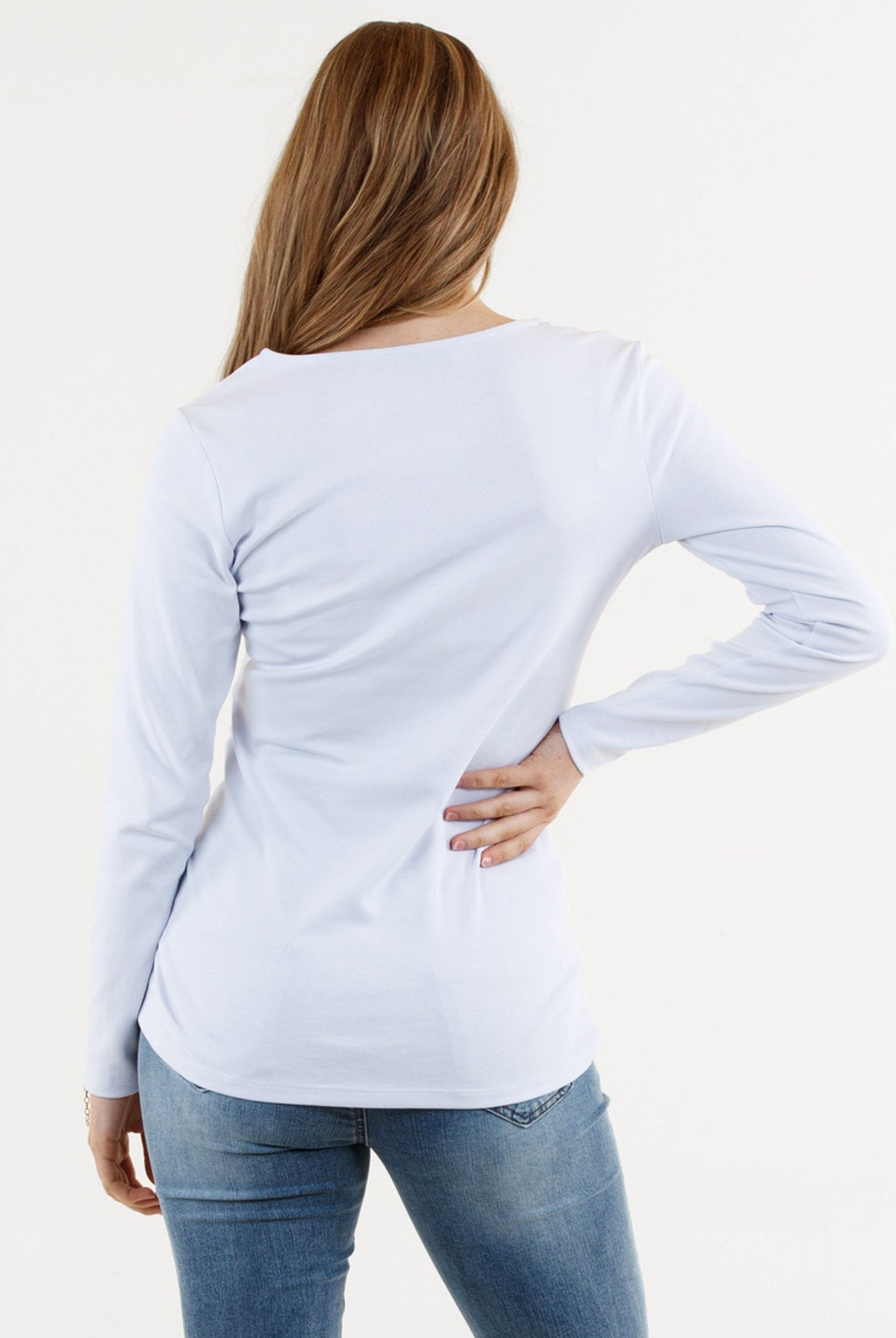 Back view - A young pregnant woman in Basic White Long Sleeve Cotton Maternity Top (6669517160542)