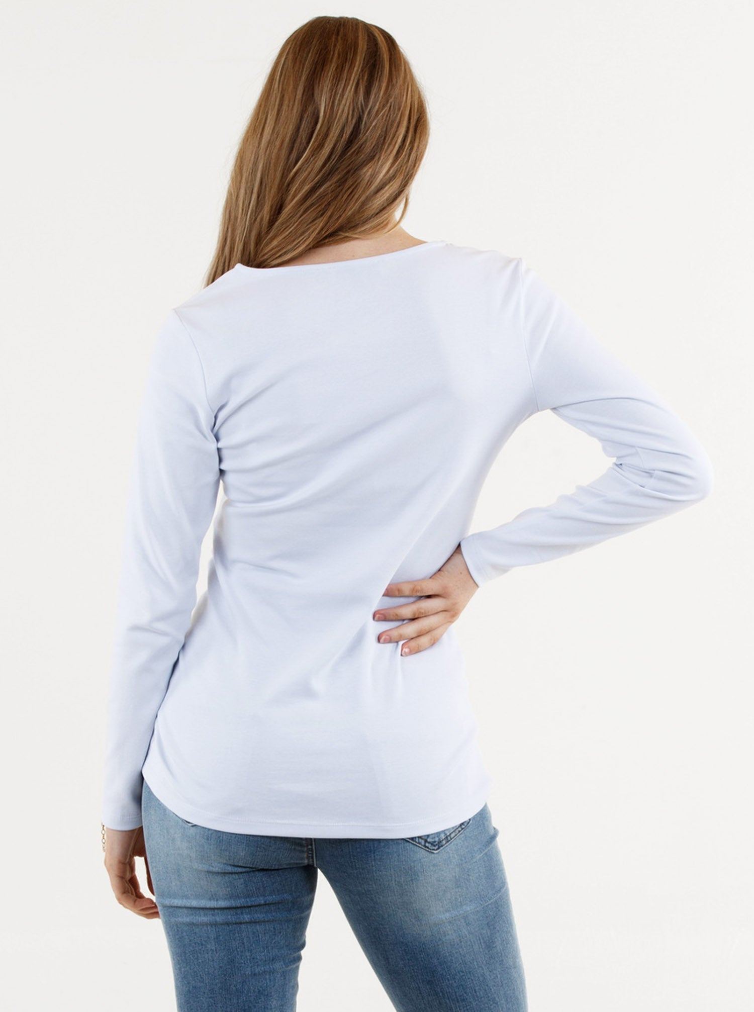 Back view - A young pregnant woman in Basic White Long Sleeve Cotton Maternity Top (6669517160542)