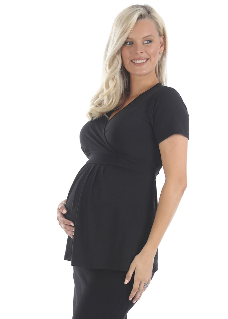 Side view - Bree Crossover Black Maternity  Work Top (6640284270686)
