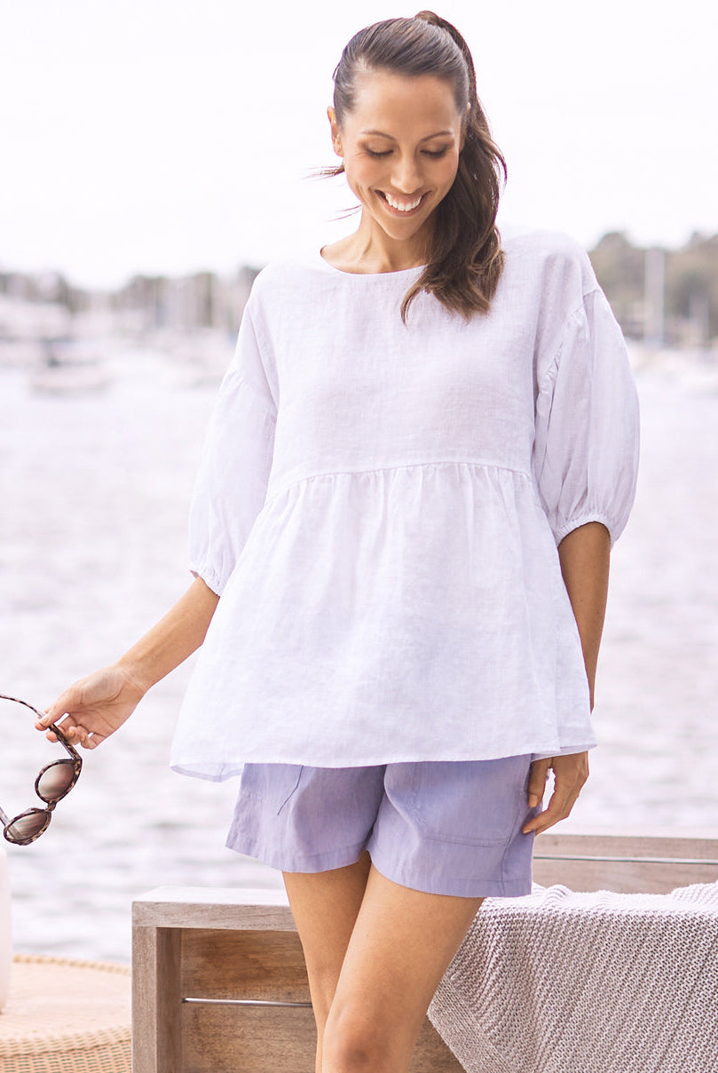 Main View - A Young Pregnant Woman in White Maternity Linen Blouse Top