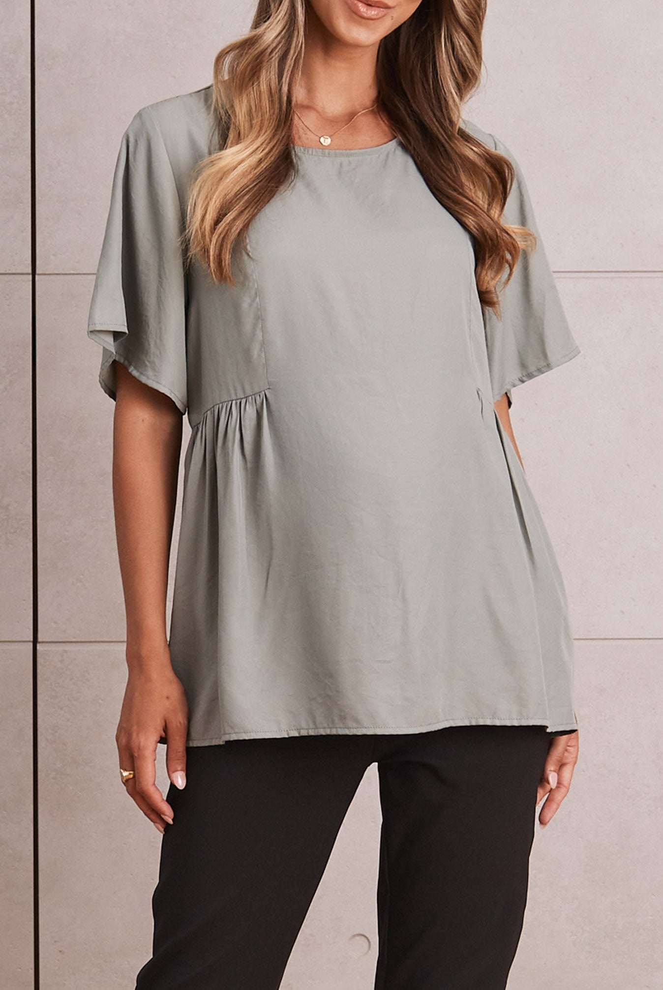 Maternity Relax Fit Short Sleeve Work Blouse - Sage - Angel Maternity USA