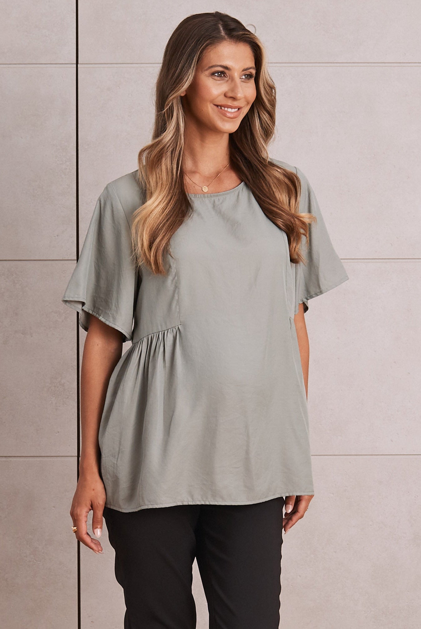 Maternity Relax Fit Short Sleeve Work Blouse in Sage from Angel Maternity