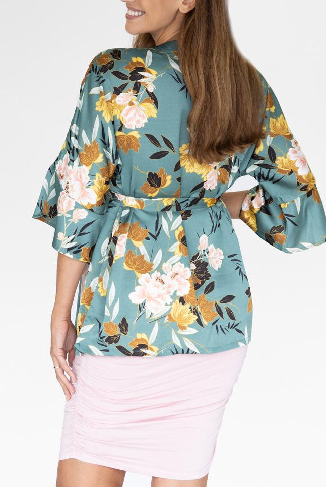 Back view - Maternity Blooming Sateen Nursing Wrap Top in Green Floral (6553227001950)