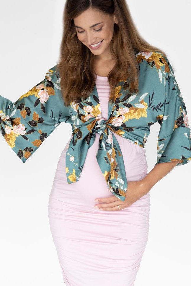 Front view - Maternity Blooming Sateen Nursing Wrap Top in Green Floral (6553227001950)