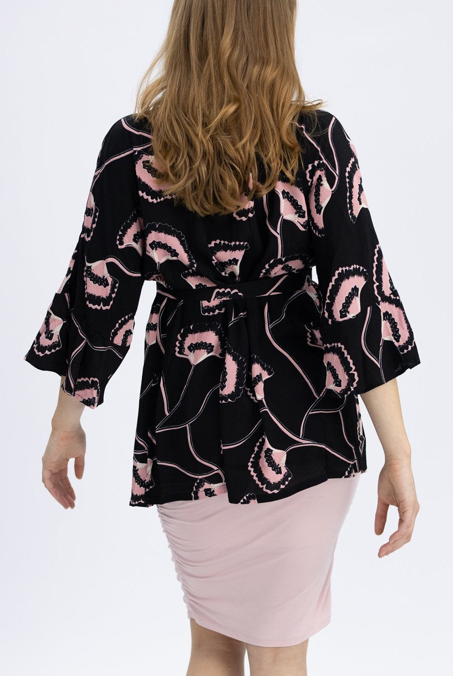 Back view - Loose Fitted Kimono Style Maternity Top with Waist Tie - Black & Pink (4801469481054)