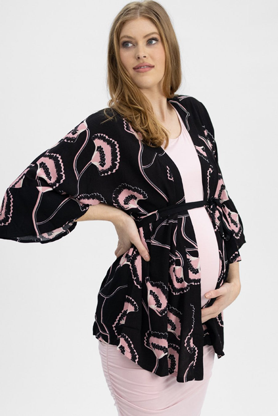 Main view - Loose Fitted Kimono Style Maternity Top with Waist Tie - Black & Pink (4801469481054)
