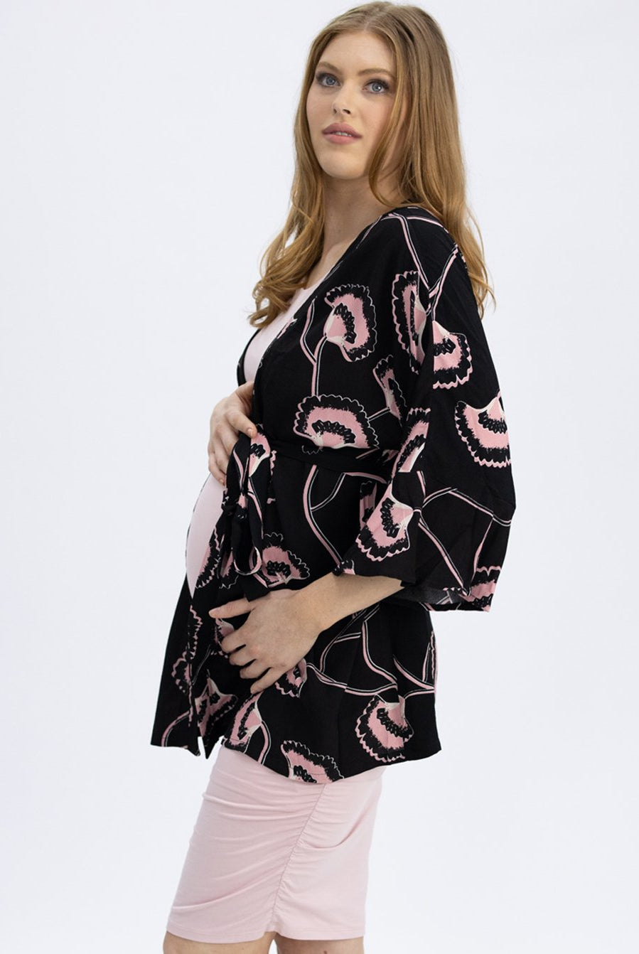 Side view - Loose Fitted Kimono Style Maternity Top with Waist Tie - Black & Pink (4801469481054)