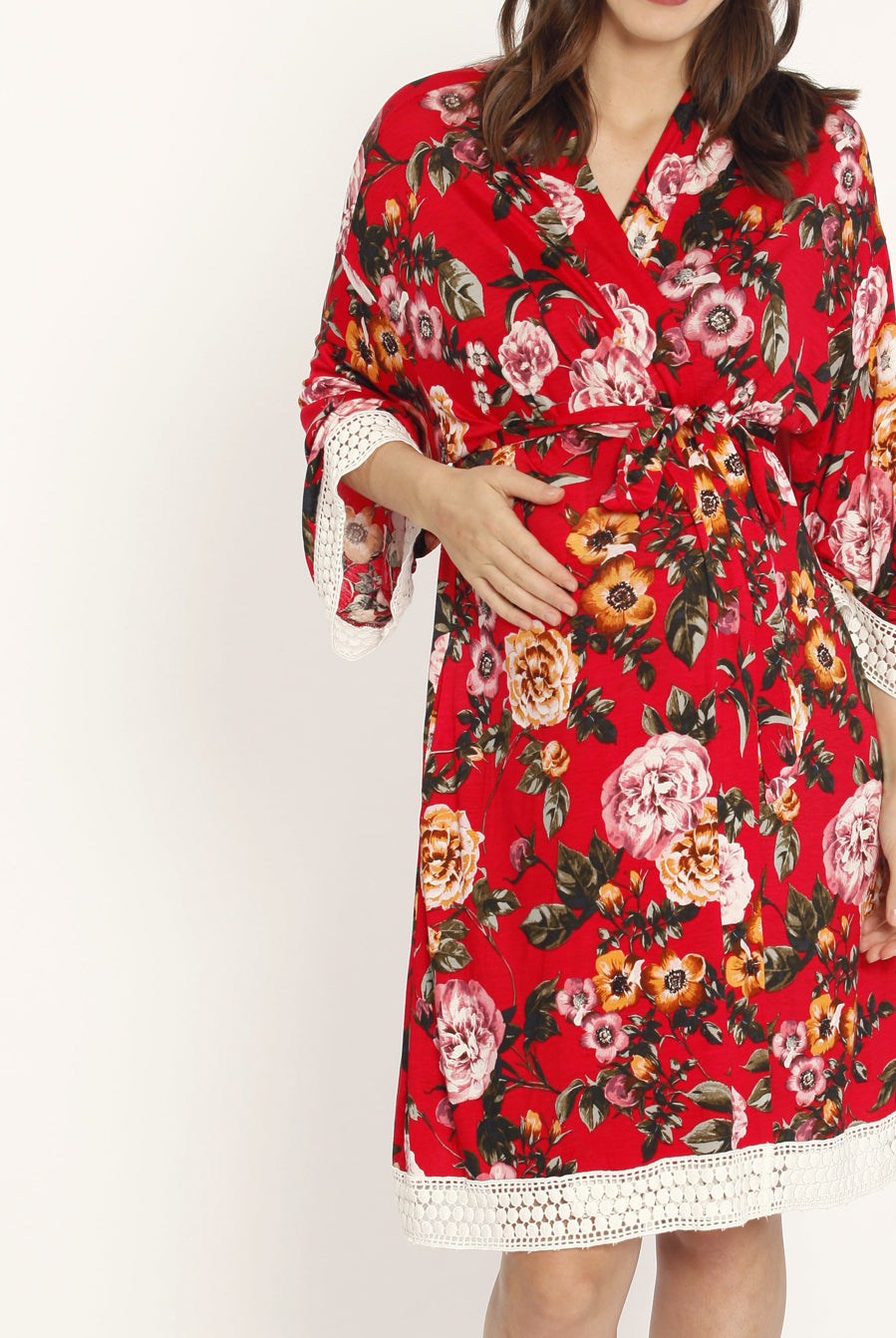 Nursing Dress + Robe + Free Baby Wrap - Red Floral Hospital Pack - Angel Maternity USA (3445057159262)