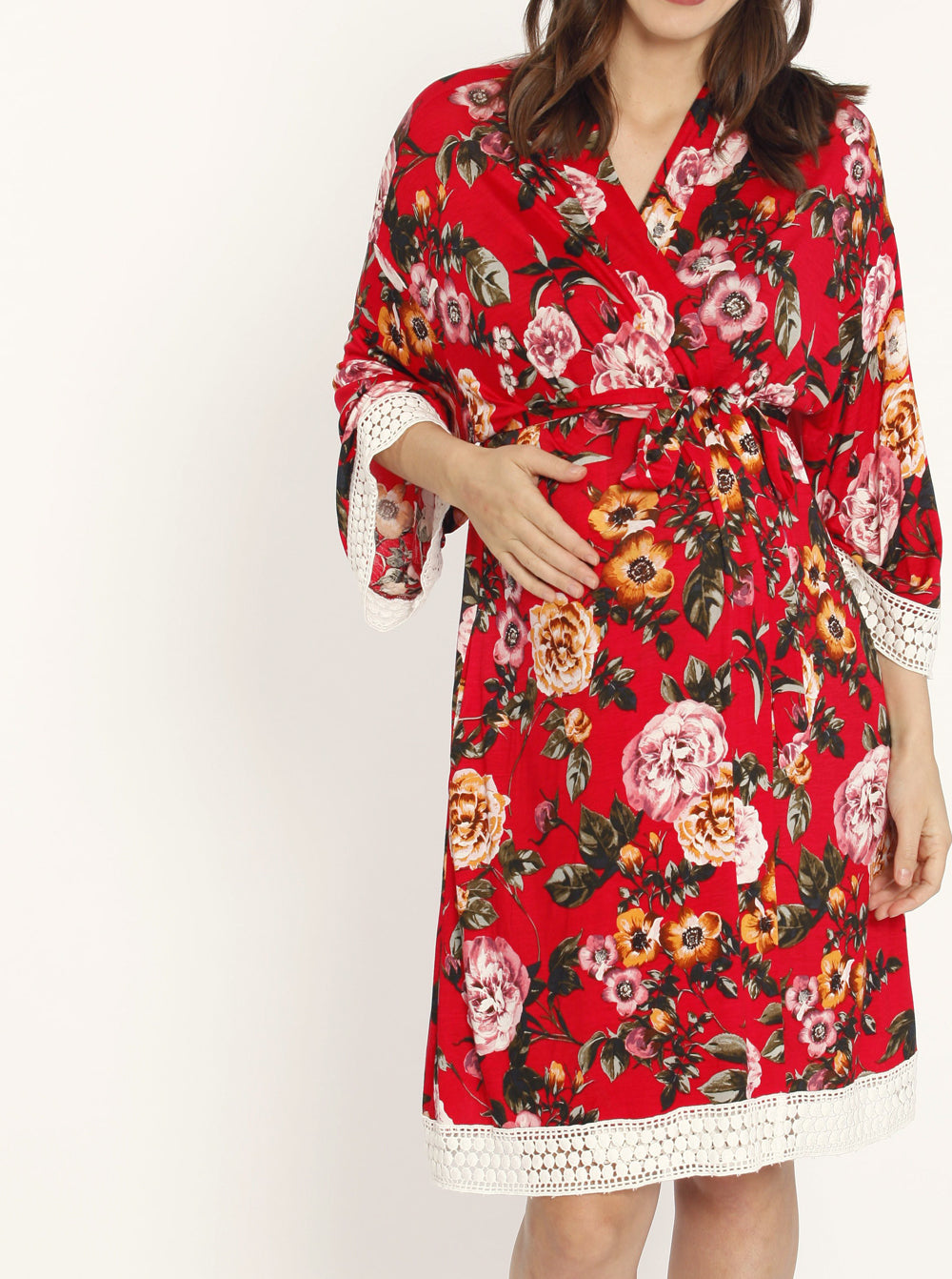 Nursing Dress + Robe + Free Baby Wrap - Red Floral Hospital Pack - Angel Maternity USA (3445057159262)